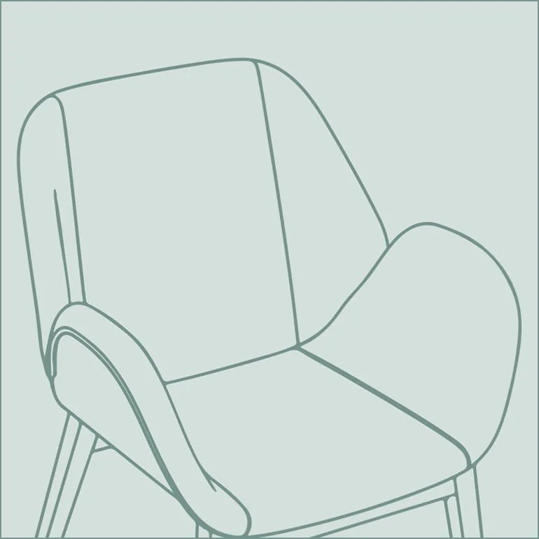 Line drawing of a modern armchair with a rounded back and wooden legs.