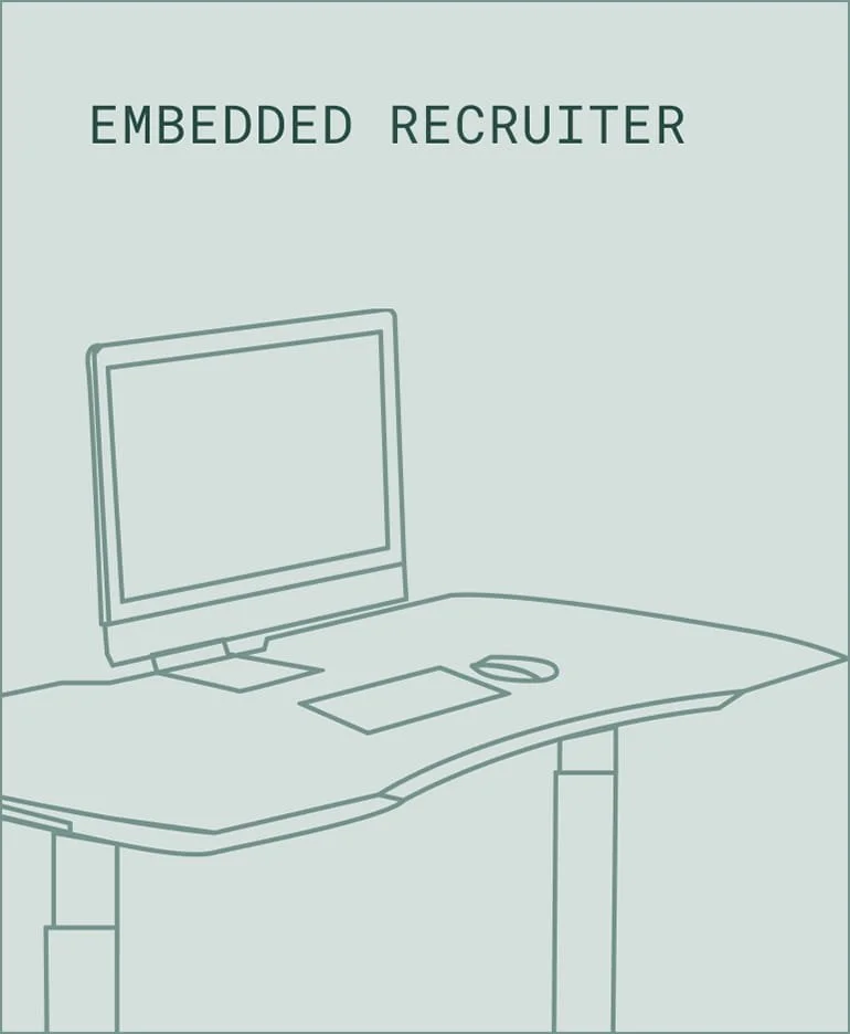 Simple line drawing of a desk with a computer monitor, mouse, and mouse pad on top, with the text 'Embedded Recruiter' above.