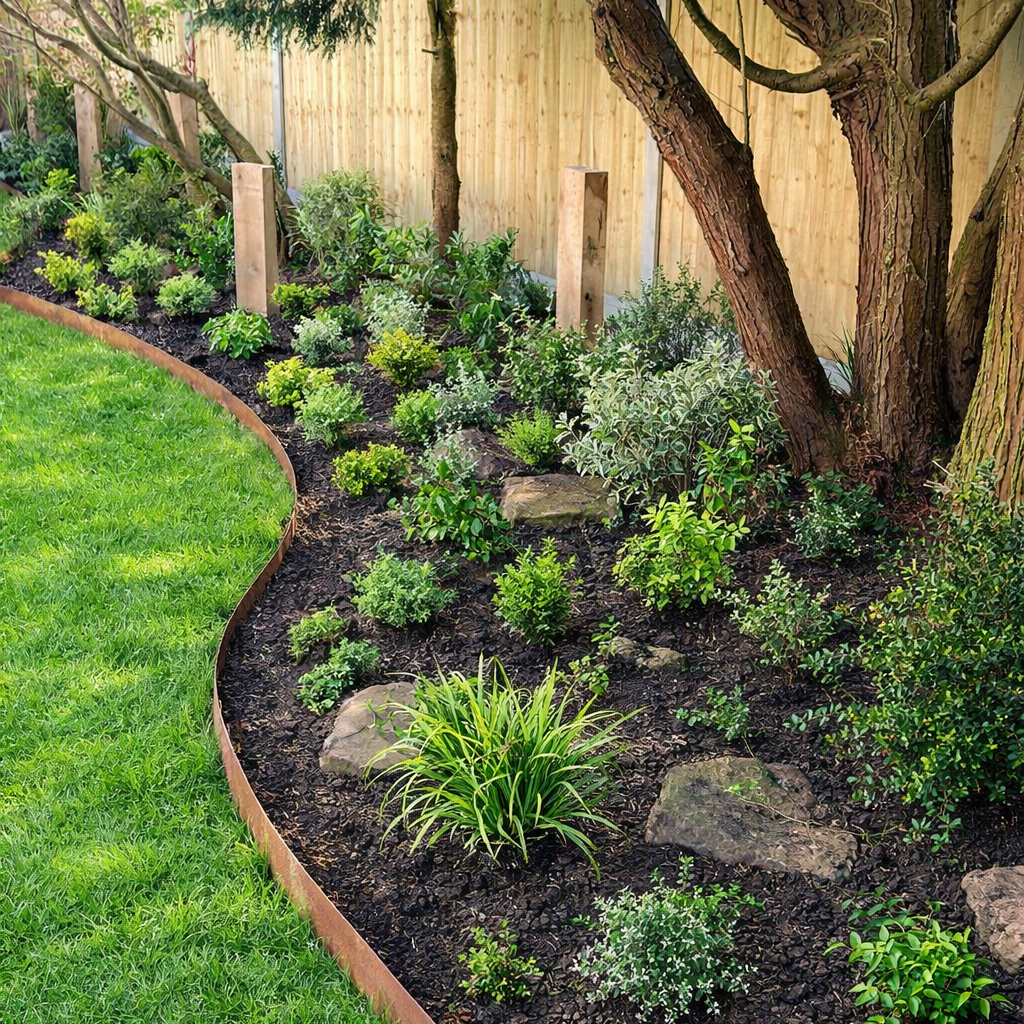 New plant border created with sleepers and corten steel edges and new plants