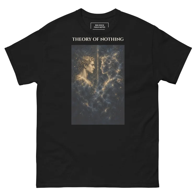 Black Cosmic Mirror tee with book artwork.