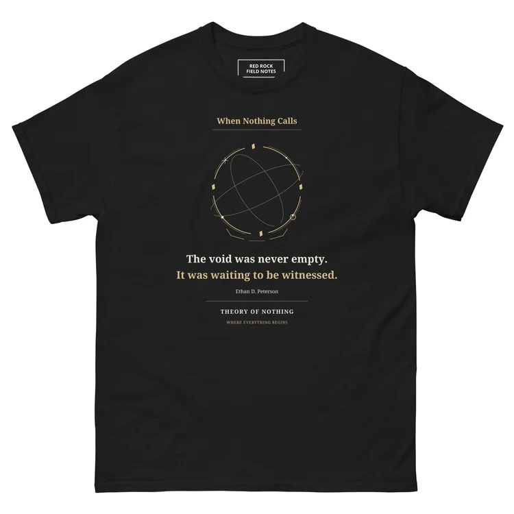 Black When Nothing Calls tee with ivory and gold artwork.
