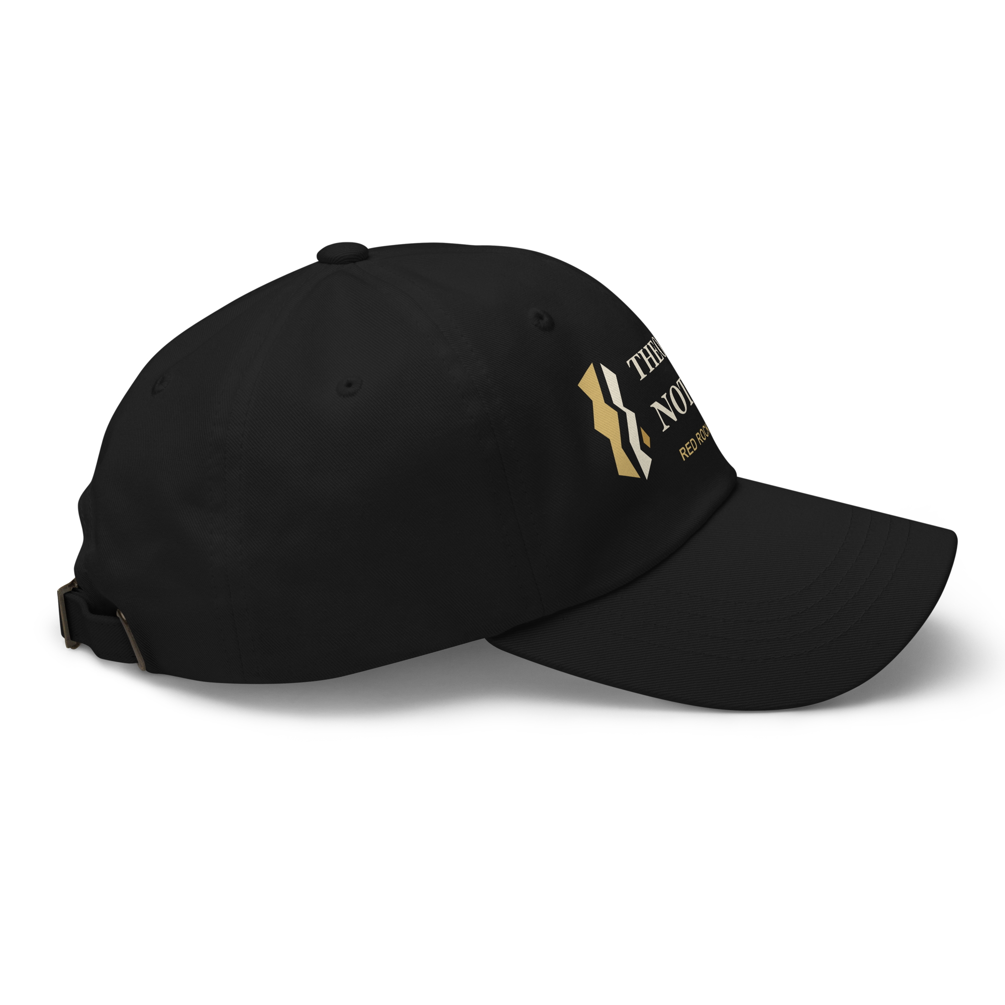 Right-side profile of the black Theory of Nothing dad cap, showing the curved brim and printed front design.