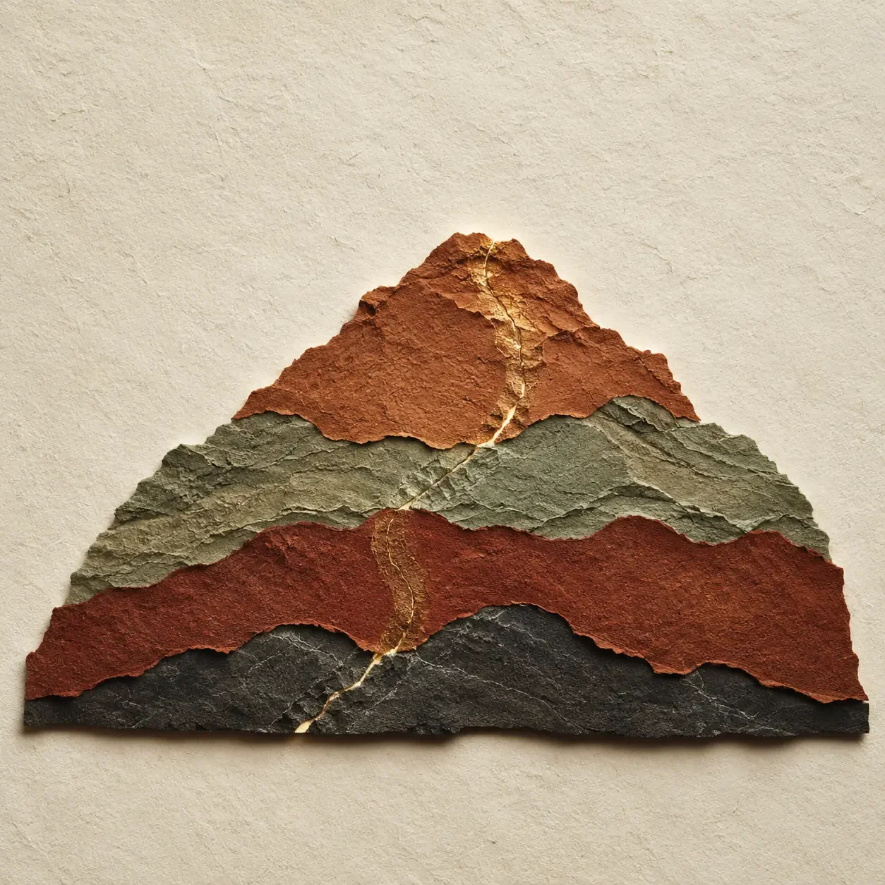 Four layered paper strata forming a Red Mountain silhouette in clay, sage, rust, and charcoal.