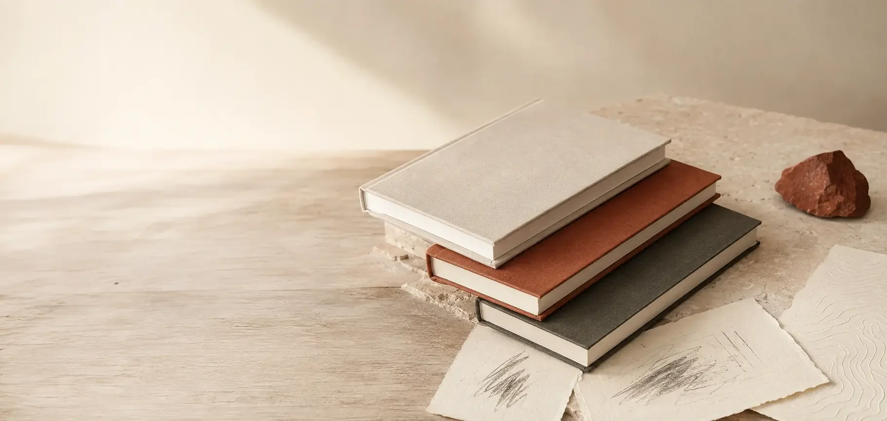 A restrained stack of ivory, clay, and charcoal journals beside a red stone and topographic paper.