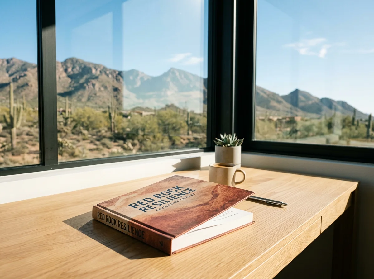 Red Rock Field Notes journal and pen on a desert studio desk overlooking Arizona mountains and cacti.