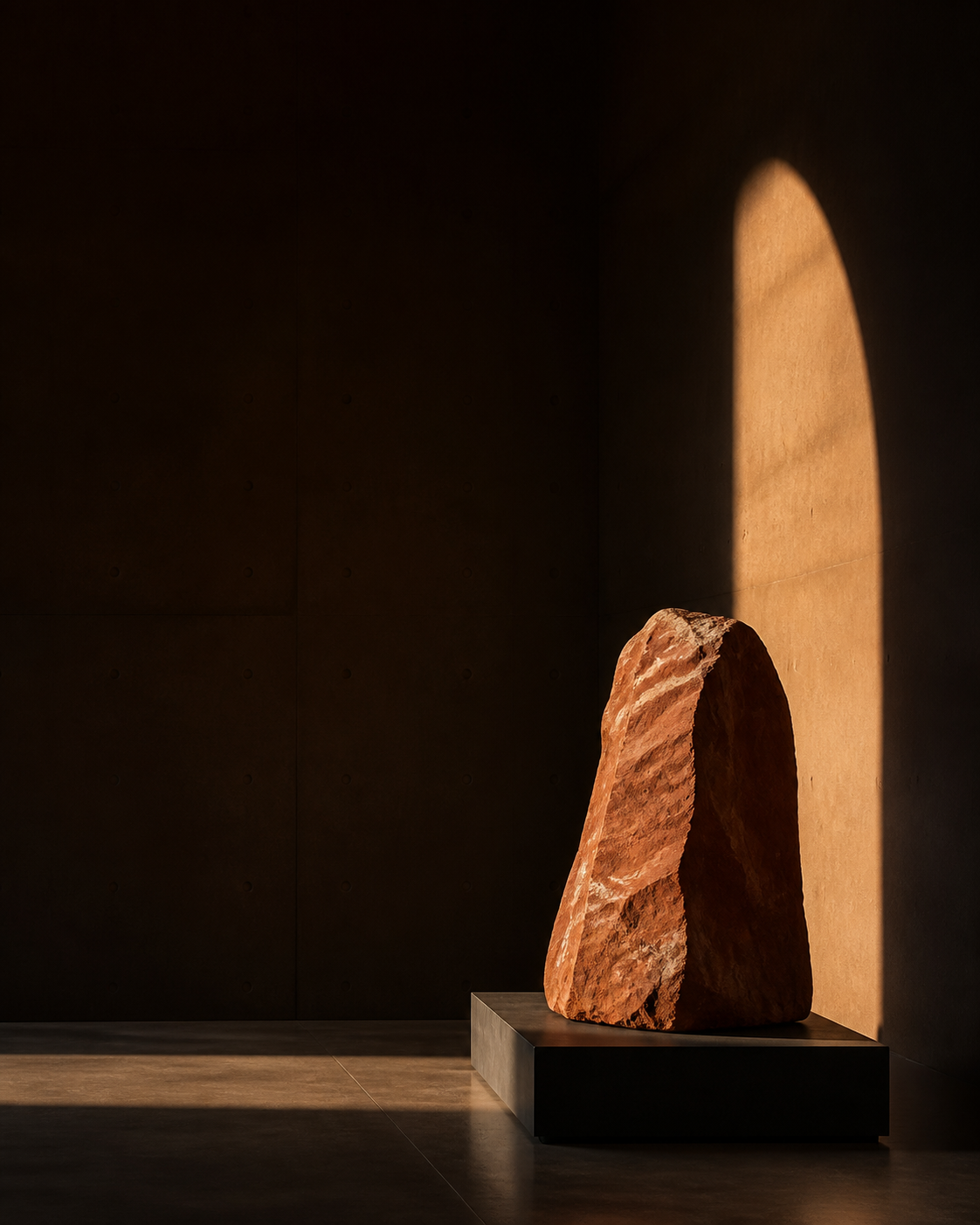Monumental red sandstone on a black plinth beneath an arched beam of Arizona light.
