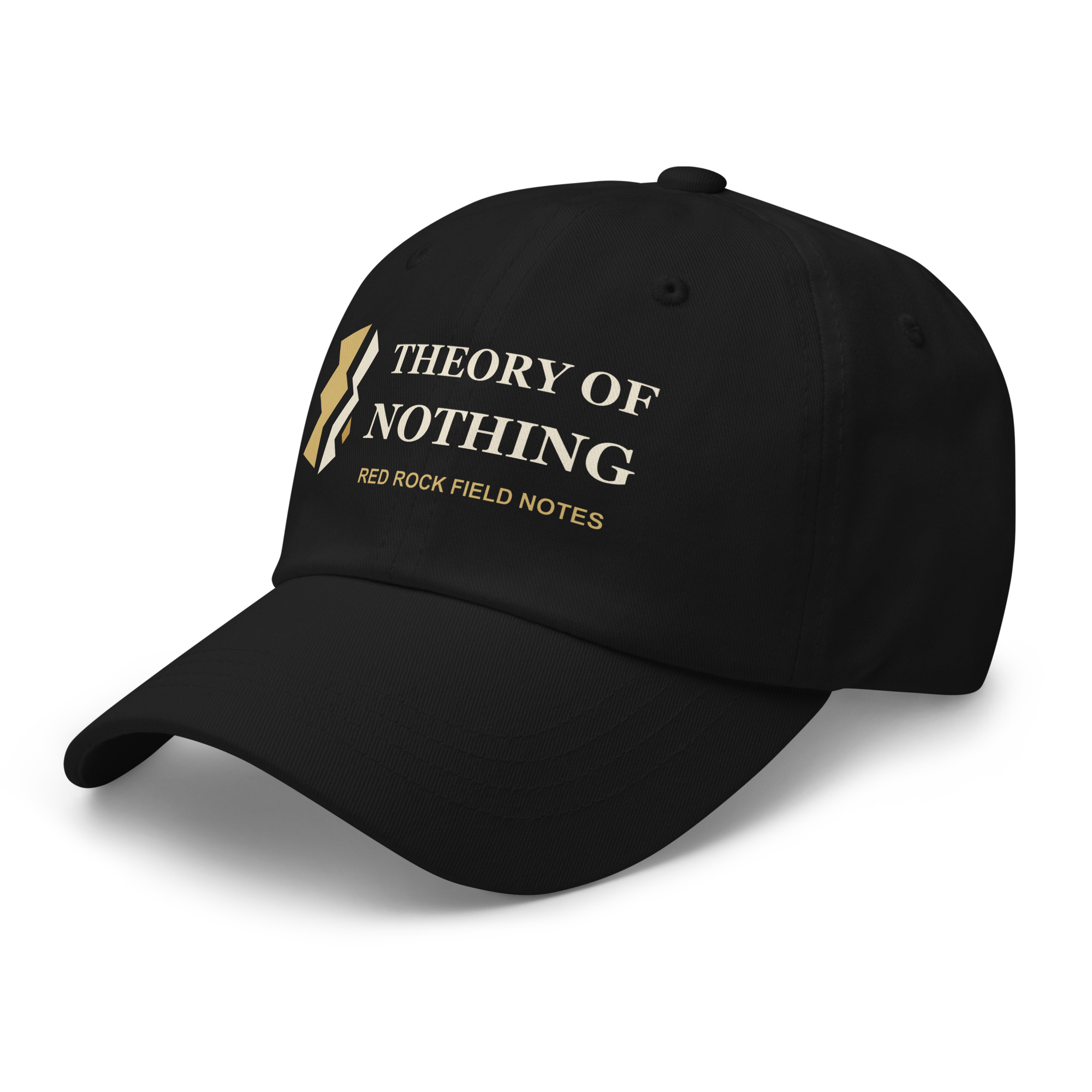 Left-front view of the black Theory of Nothing dad cap showing its ivory-and-gold printed title and First Fracture emblem.
