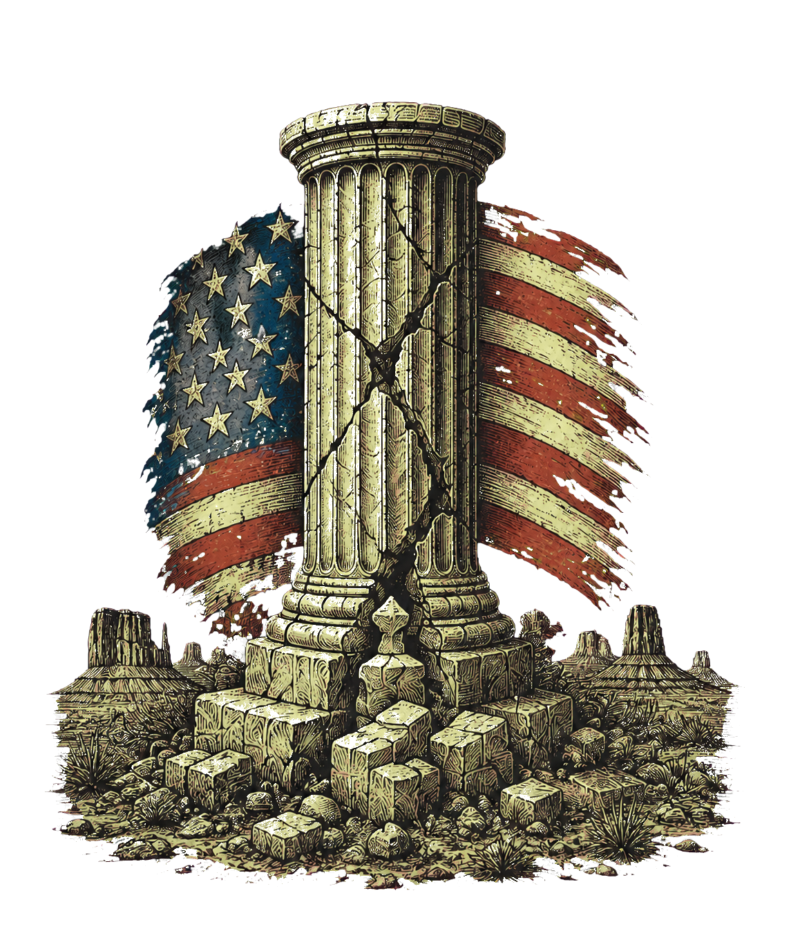 American Resilience artwork of a cracked classical column, rubble, and a weathered American flag in Arizona desert terrain.