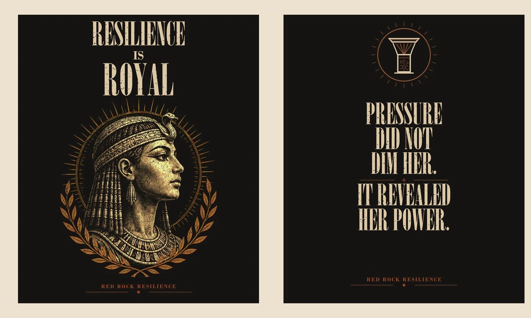 Pair of vintage-style Enduring Women posters featuring Cleopatra-inspired portrait art and resilience quotations in black and gold.