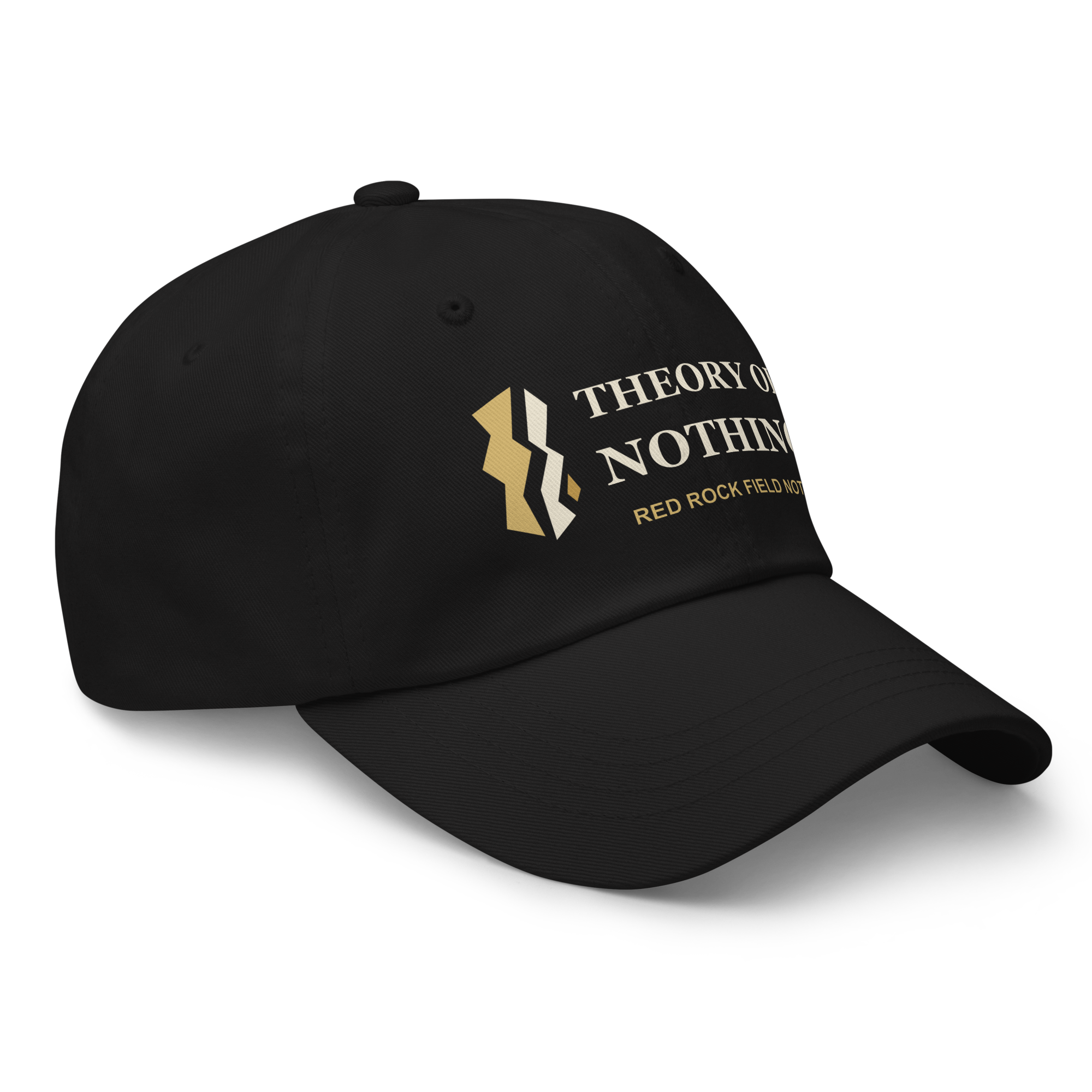 Right-front view of the black Theory of Nothing dad cap with the book title and Red Rock Field Notes publisher credit.