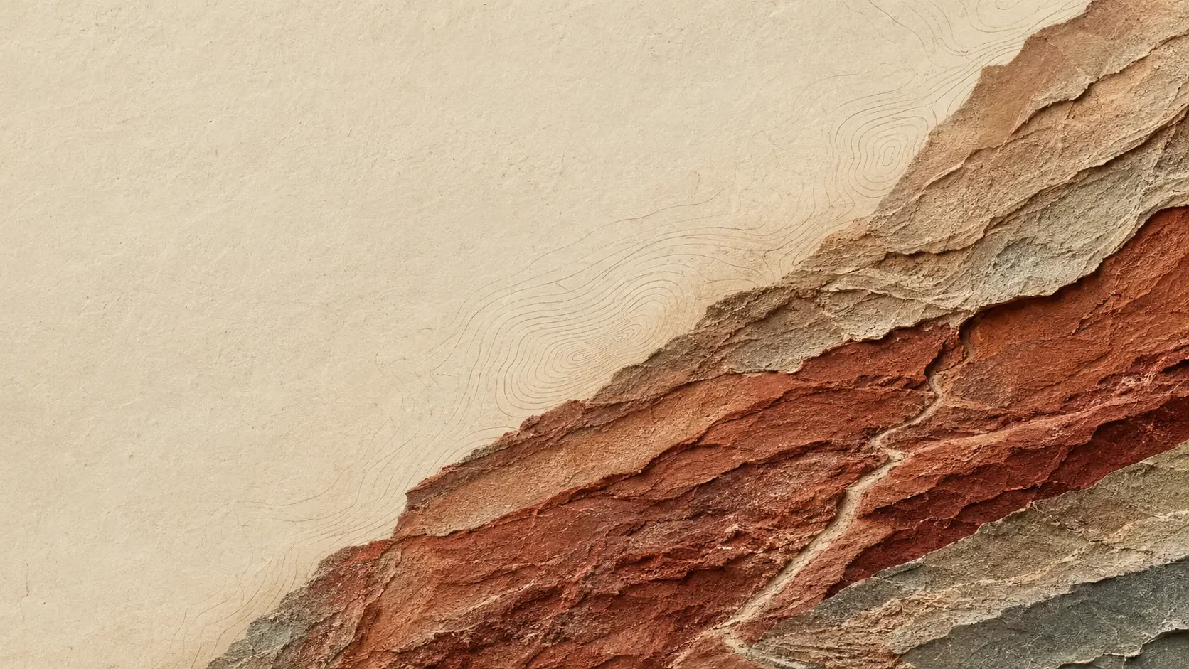 Layered paper, topographic lines, and a red stone arranged as an editorial study of resilience.