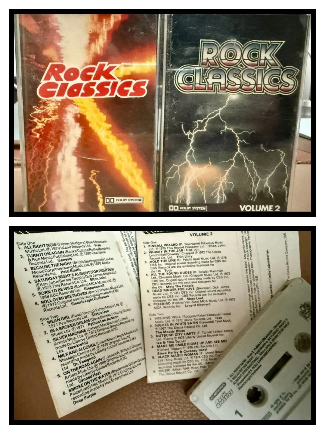 A pair of vintage McVitie’s Rock Classics cassette tapes, Volumes 1 and 2, sitting on a table