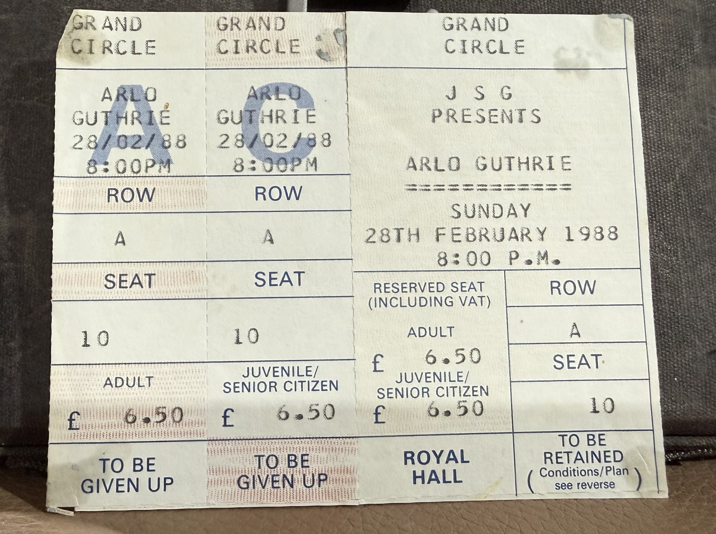 Arlo Guthrie, Harrogate Royal Hall ticket stub 28th February 1988