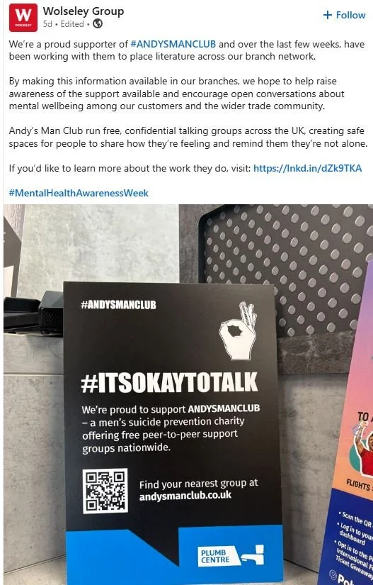 Wolseley social media promoting Andy's Man Club