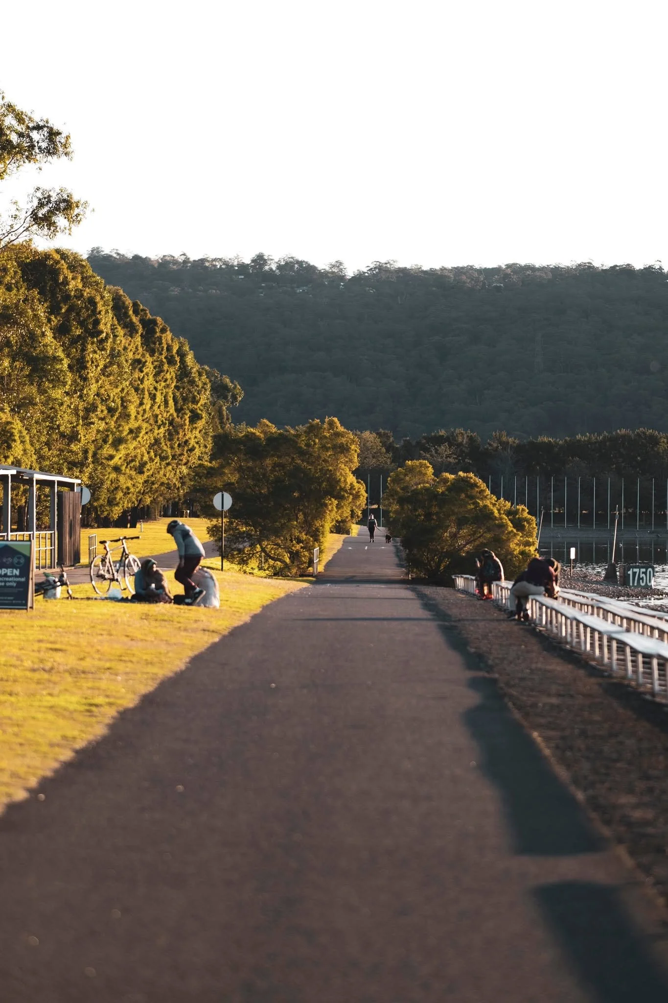 A scenic lakeside park with a paved walkway, grassy areas, and trees, during sunset. People are sitting, walking, and biking along the path, with mountains and sailboats in the distance.