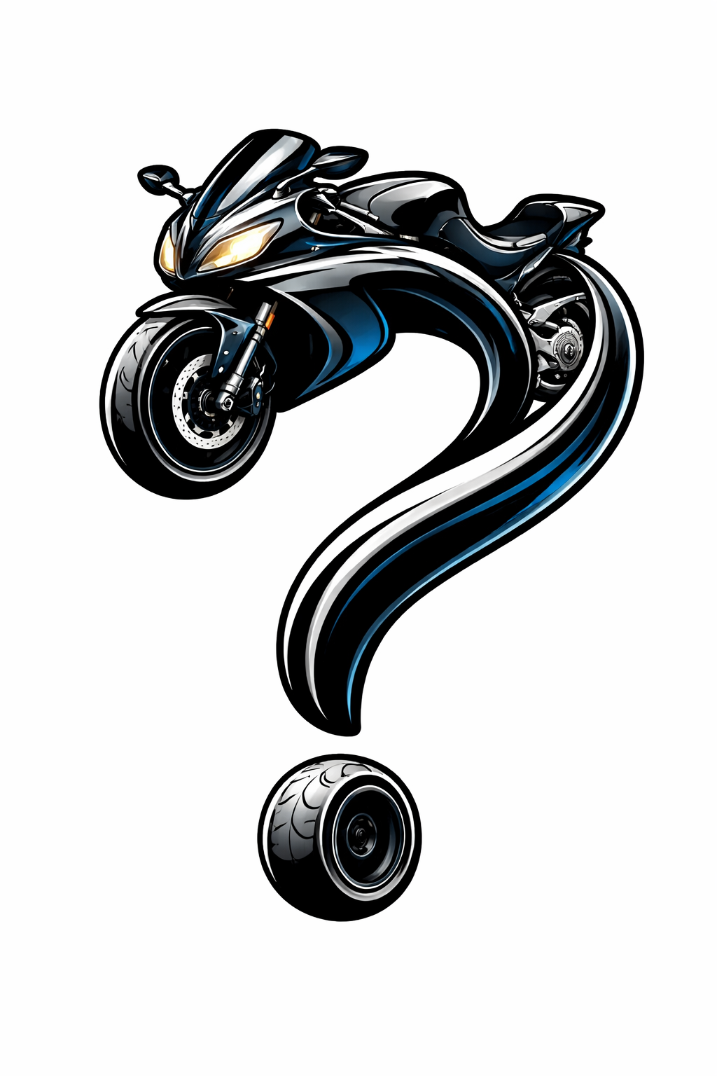 An illustration of a motorcycle with a question mark shaped tail and a tire at the bottom.