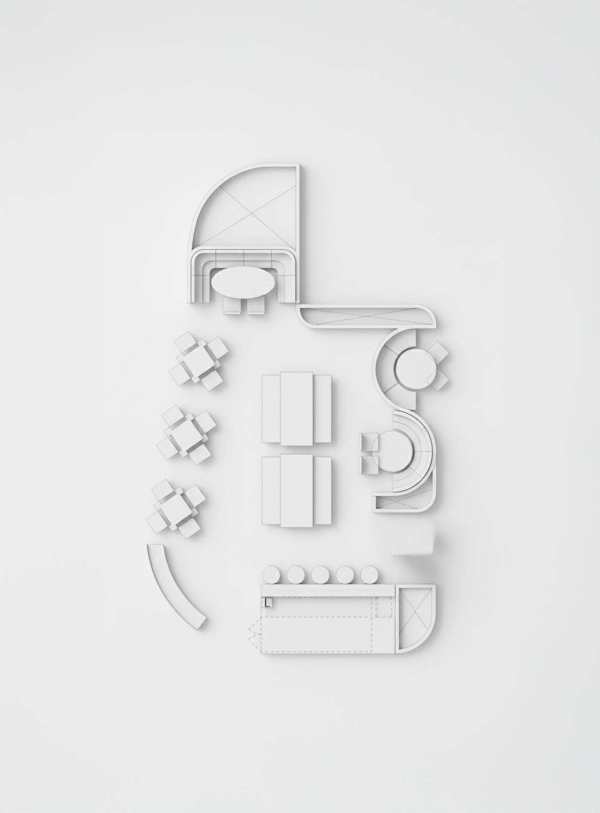 An architectural floor plan of a modern, minimalistic indoor space, showing different rooms and areas with furniture arrangements in white and gray tones.