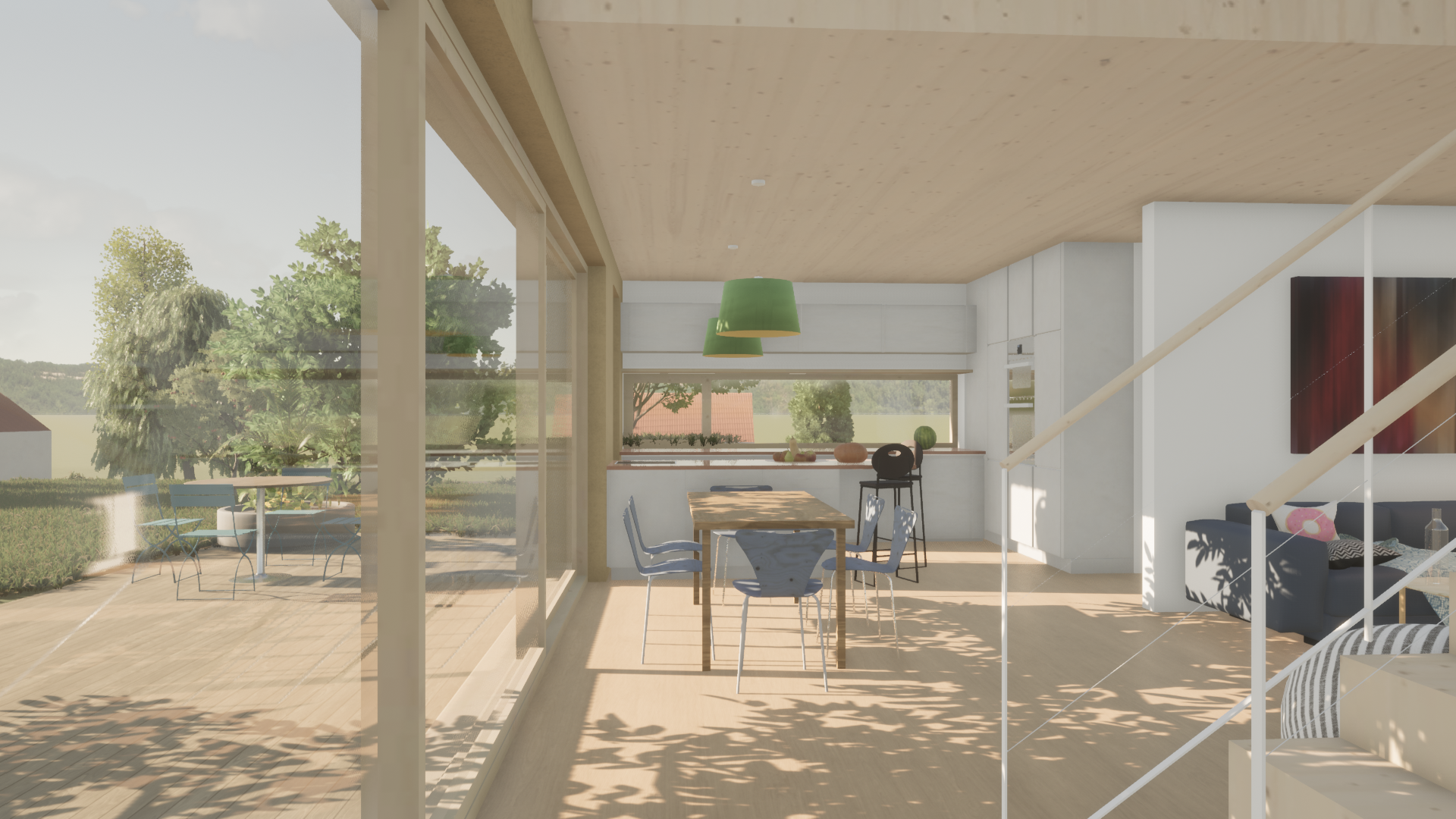 Rendering: Innenansicht eines offenen Wohn- und Essbereichs mit großen Fenstern, Holzmöbeln, modernen Lampen und Blick auf eine Gartenlandschaft.