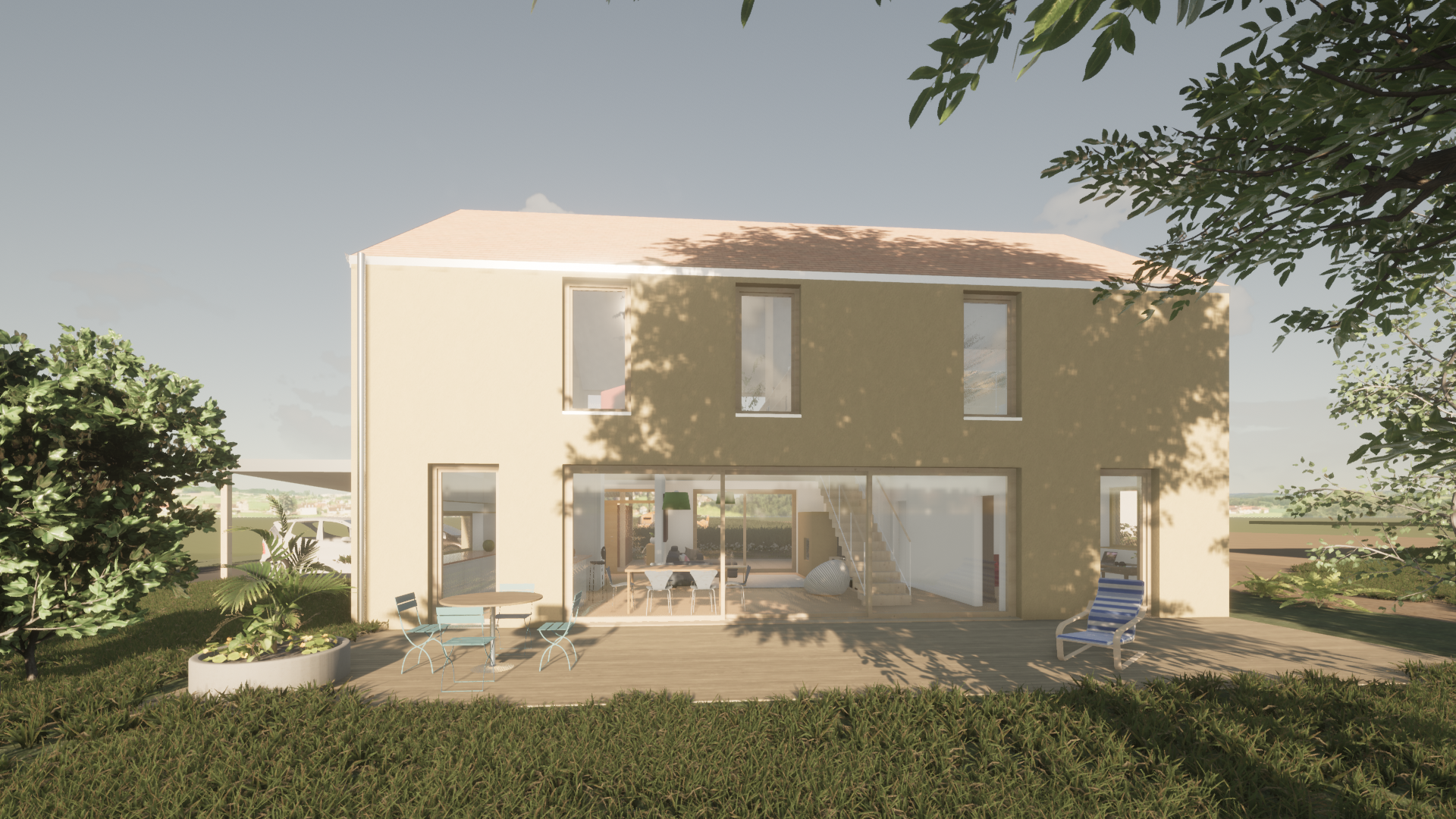 Rendering: Ansicht eines modernen Hauses mit Garten und Terrasse, Sonnenlicht, Bäumen und Himmel.