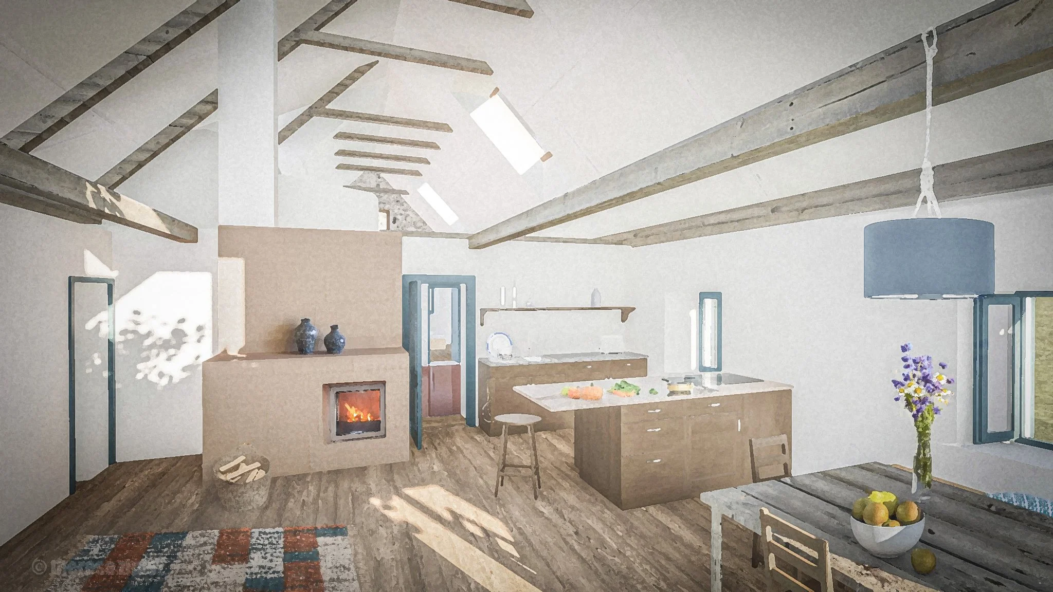 Ein helles, gemütliches Wohnzimmer mit Kamin, Holzbalken an der Decke, offenes Küchen- und Essbereich, Fenster mit Blick nach draußen, Blumen im Vasen auf dem Tisch, Obst auf einer Schüssel.