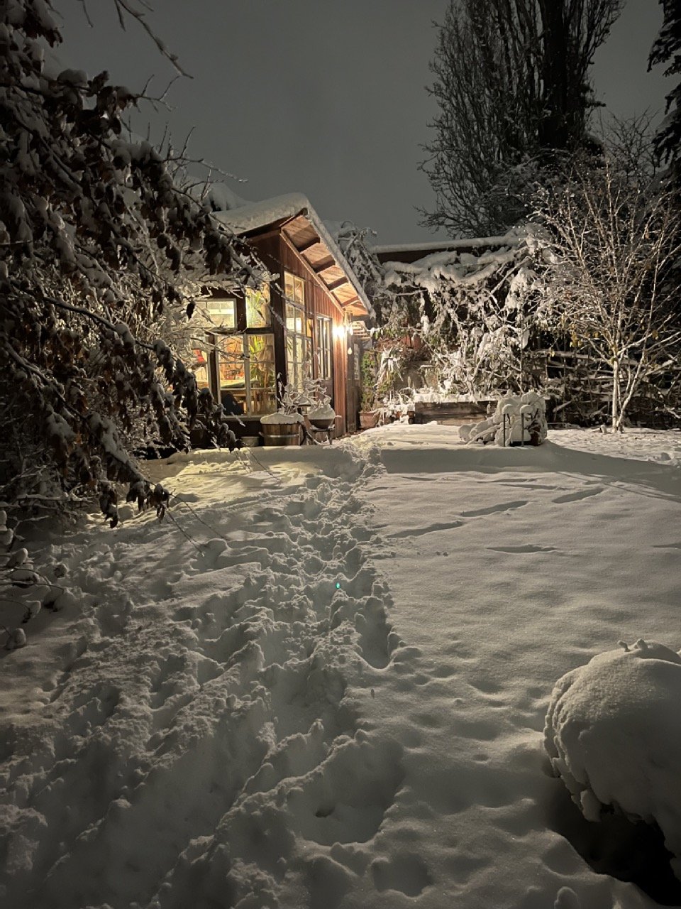 Eine verschneite Winternacht vor einem Holzhaus mit warmem Licht, umgeben von Schneebedeckten Bäumen und Büschen, Fußspuren im Schnee.