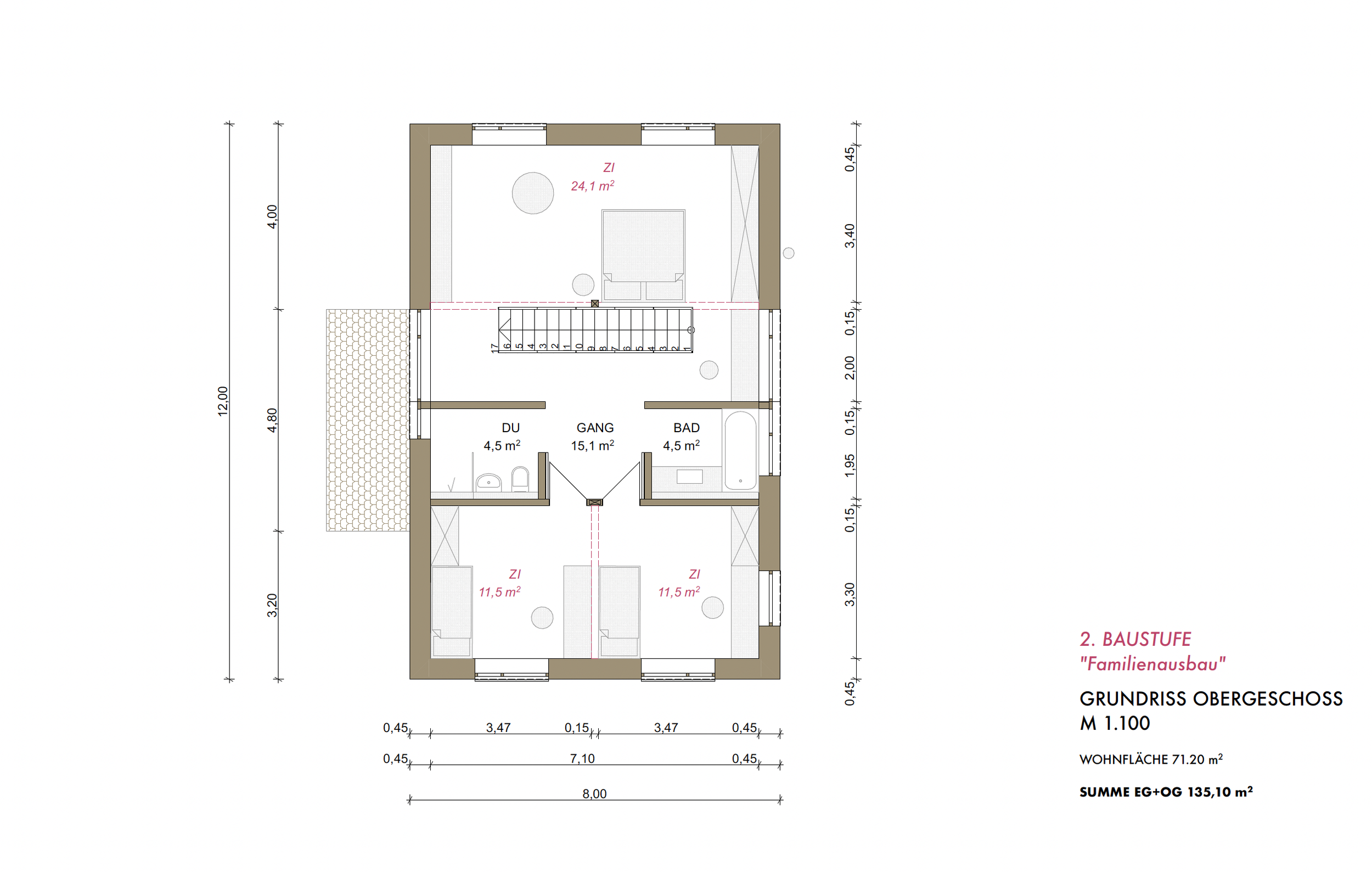 Grundriss eines Obergeschosses eines Hauses mit drei Schlafzimmern, Bad, Dusche, Flur und einem großen Zimmer. Maße und Anordnung sind detailliert dargestellt.