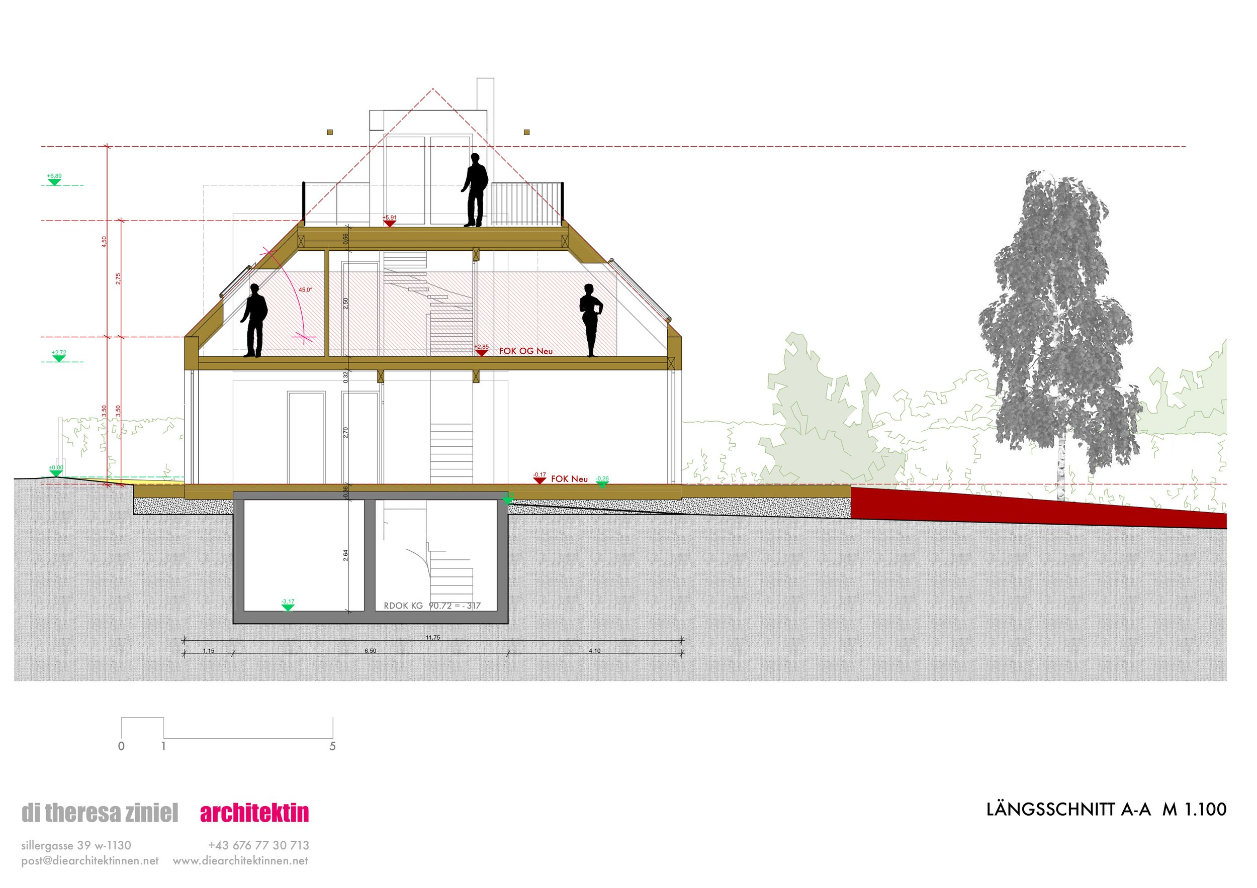 Architektonischer Schnitt eines Hauses mit zwei Stockwerken, inklusive Dachterrasse, Innenraum, Treppen und Keller, mit menschlichen Figuren zur Größenveranschaulichung, und Bäumen im Hintergrund.