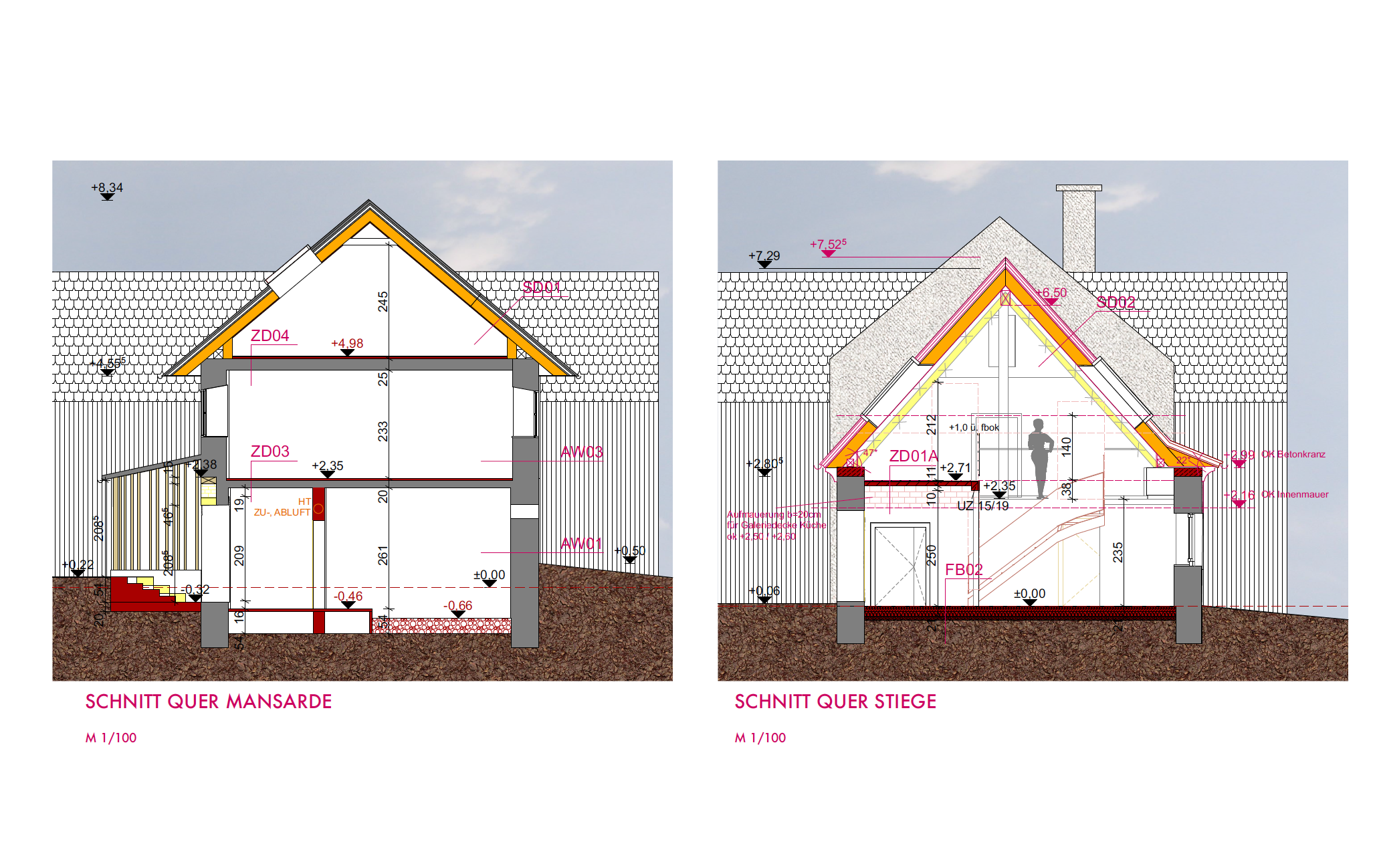 Technische Zeichnung eines Hauses in Deutschland, mit Schnittansichten der Seite und der Giebel. Details wie Maße, Farben, Materialien und Bauphasen sind markiert.