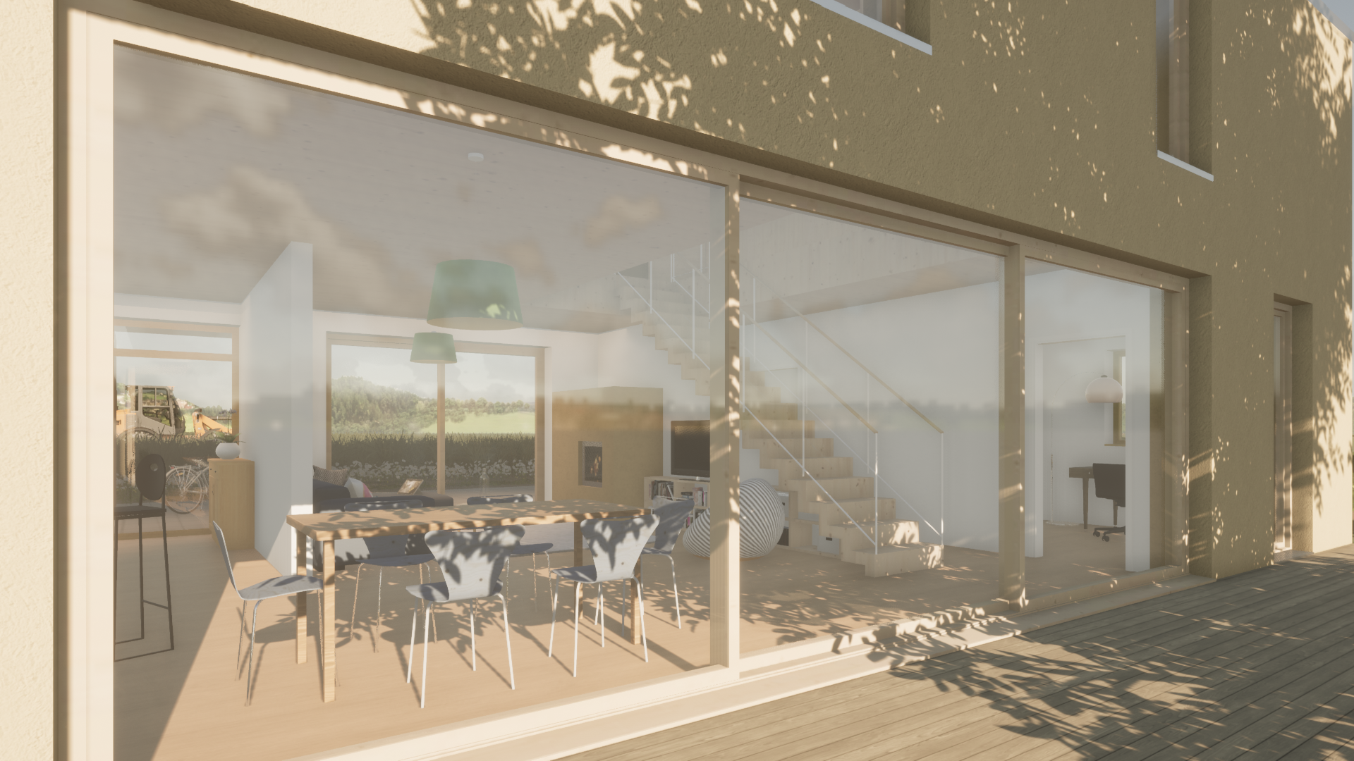 Rendering: Innenansicht eines modernen, hellen Hauses mit Esstisch, schwarzem Sofa, Treppe und Arbeitszimmer im Hintergrund, durch große Fenster sichtbar, bei Sonnenlicht.