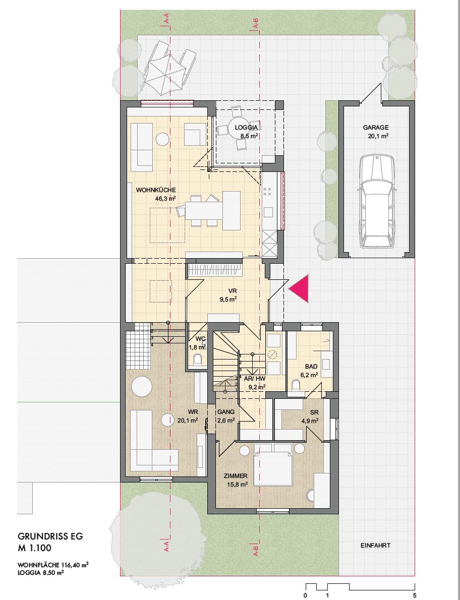 Grundriss eines Einfamilienhauses mit verschiedenen Räumen wie Wohnzimmer, Schlafzimmer, Bad, Toilette, Flur, Küche, Loggia, Garage und Garten.