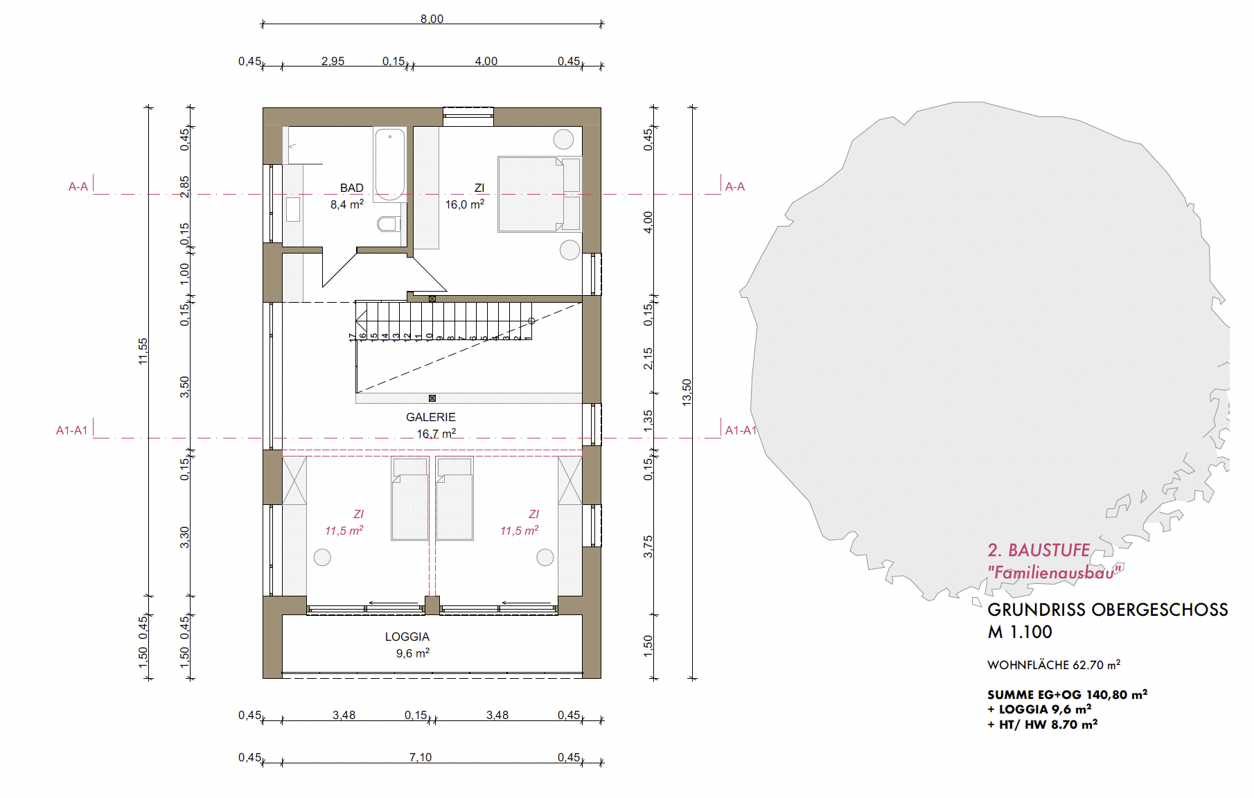 Grundriss eines Hauses, obergeschoss, mit Zimmern, Loggia, Galerie und Bad, sowie einer Häuserrückseite mit Bäumen auf einem Lageplan.