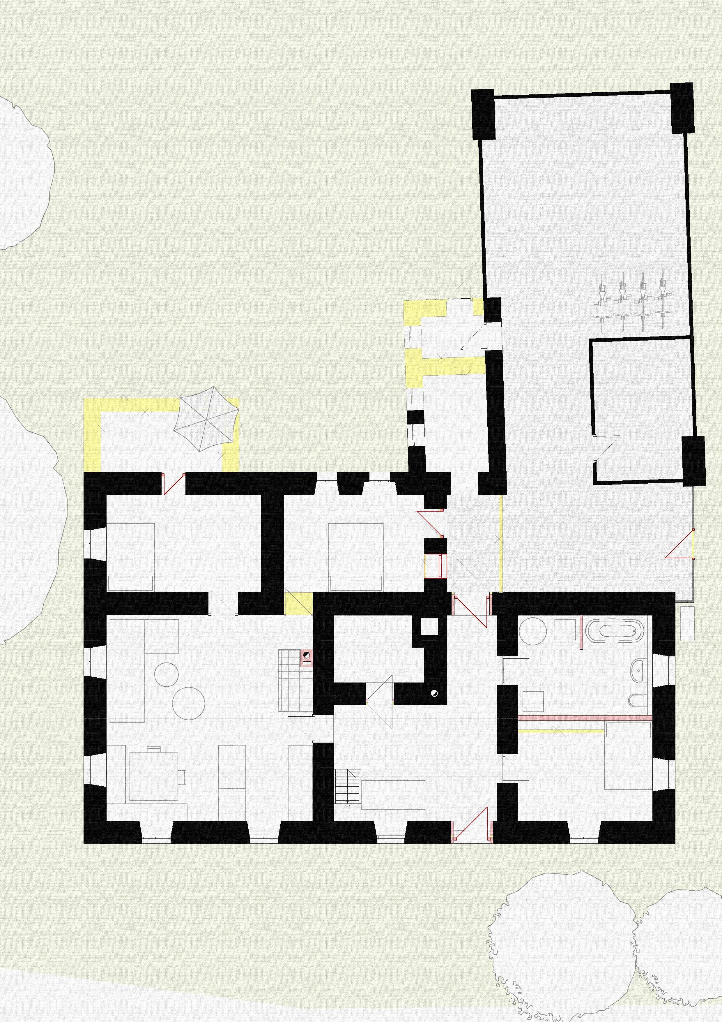 Grundriss eines Hauses mit mehreren Zimmern, Badezimmer, Küche, Wohnzimmer und Garten mit Terrasse und Sonnenschirm.