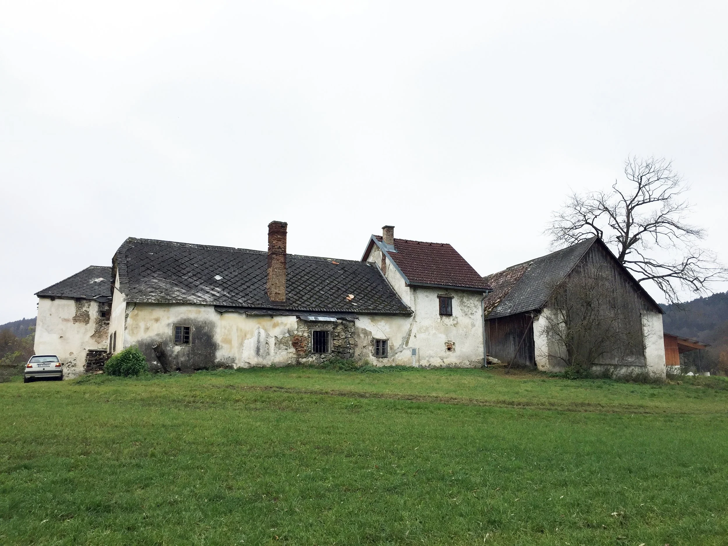 Altes, verfallenes Bauernhaus mit einem Baum im Hintergrund auf einer grünen Wiese, bei bewölktem Himmel.