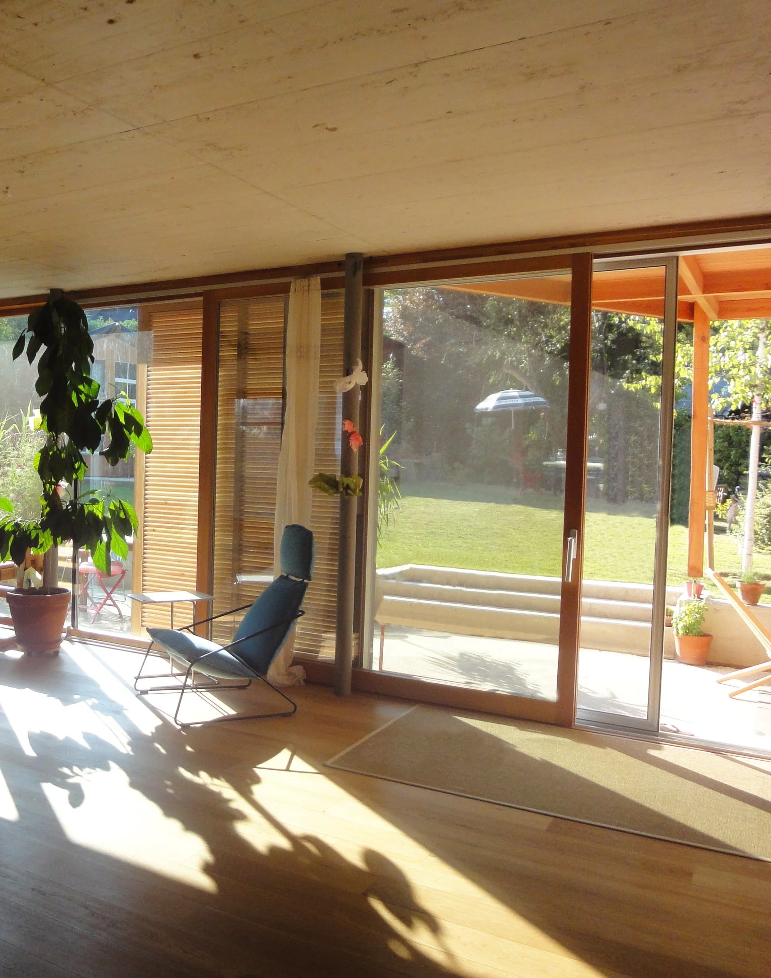Wohnzimmer mit Holzfußboden, großen Fenstern und Zugang zu einem Garten, mit einem blauen Relaxsessel und zahlreichen Pflanzen.