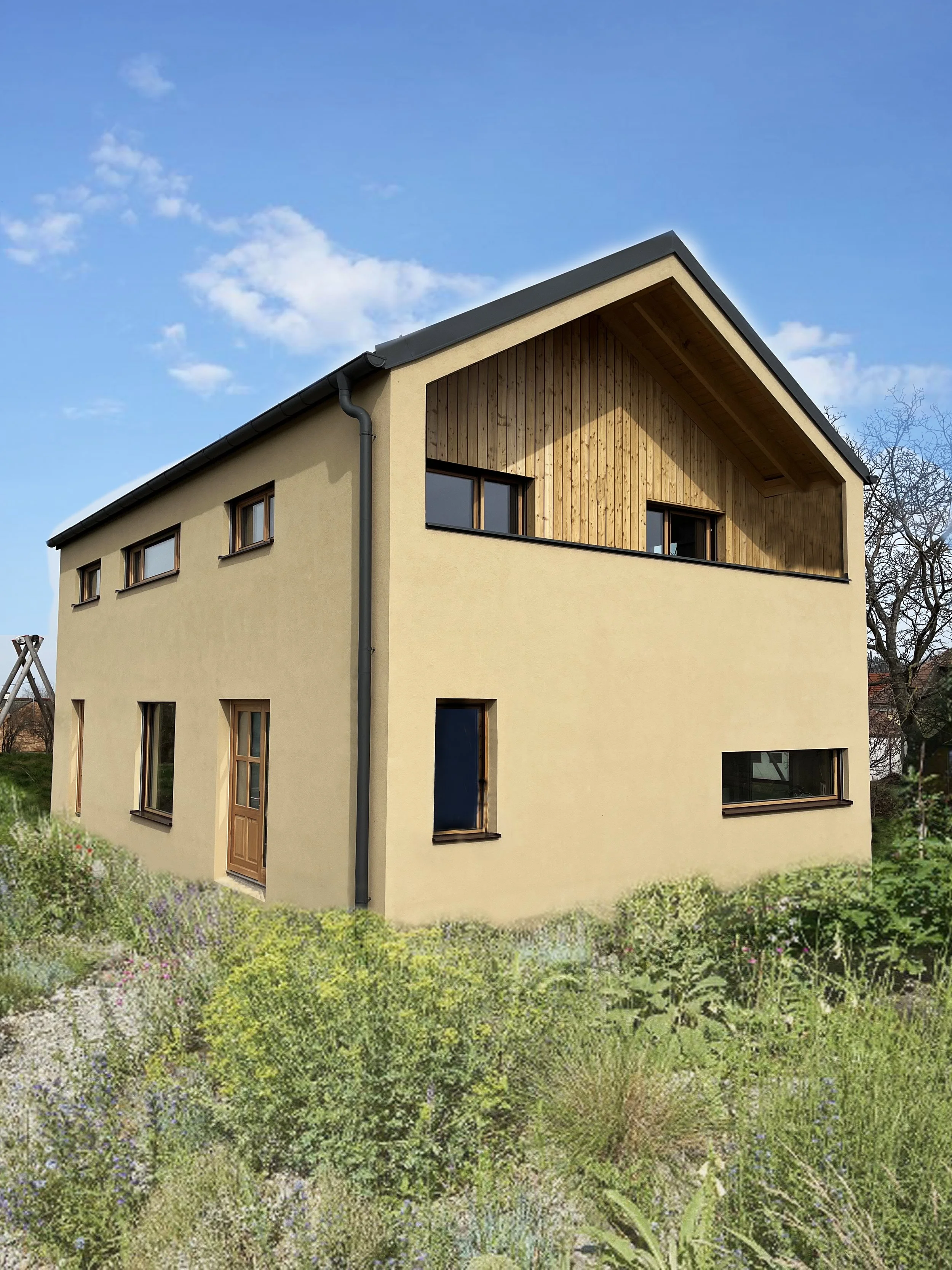 Modernes Mehrfamilienhaus mit beige Putz und Holzverkleidung im oberen Stock, vier kleine Fenster auf der Seite, Eingang mit Holz-Tür, umgeben von Pflanzen und Blumen, blauer Himmel im Hintergrund.