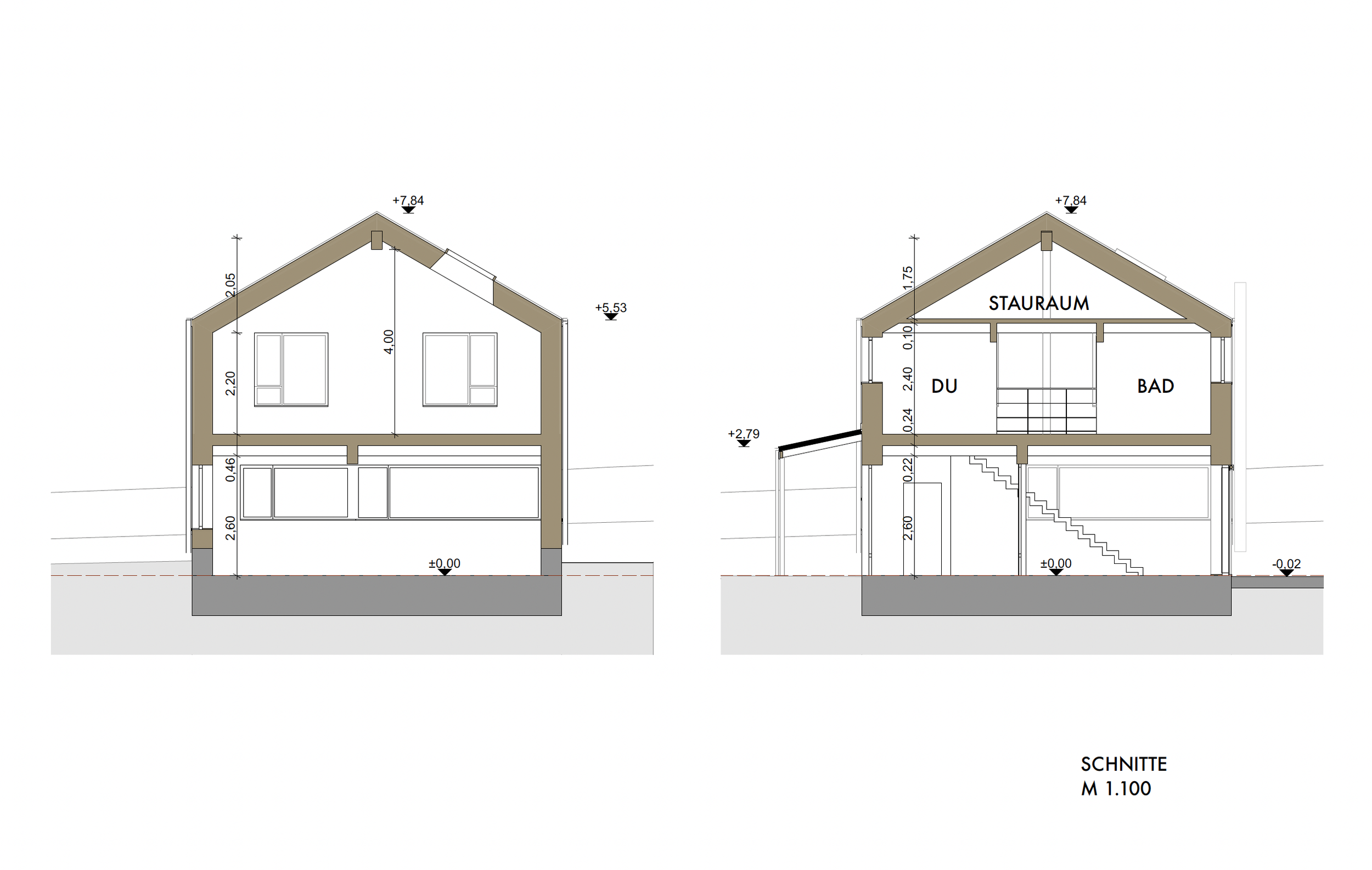 Architektonische Schnittzeichnung eines Hauses mit Aufteilungen und Raumbezeichnungen in Deutsch. Links: Fassadenschnitt mit Fenstern und Dachneigung. Rechts: Querschnitt mit Keller, Treppe, Bad, Dusche, Stauraum und Dachbalken.