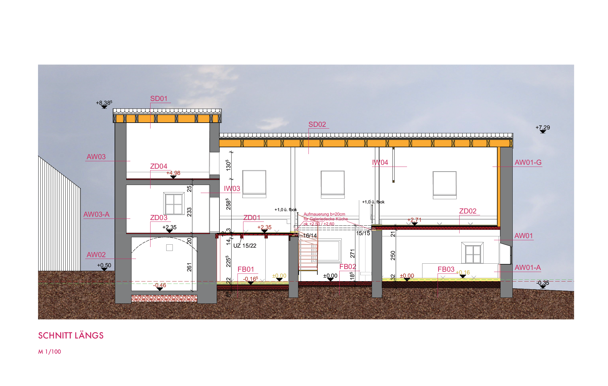 Architektonischer Schnitt durch ein Gebäude, zeigt verschiedene Etagen, Fenster und Dachdetails, mit Höhenangaben und Beschriftungen in Deutsch.