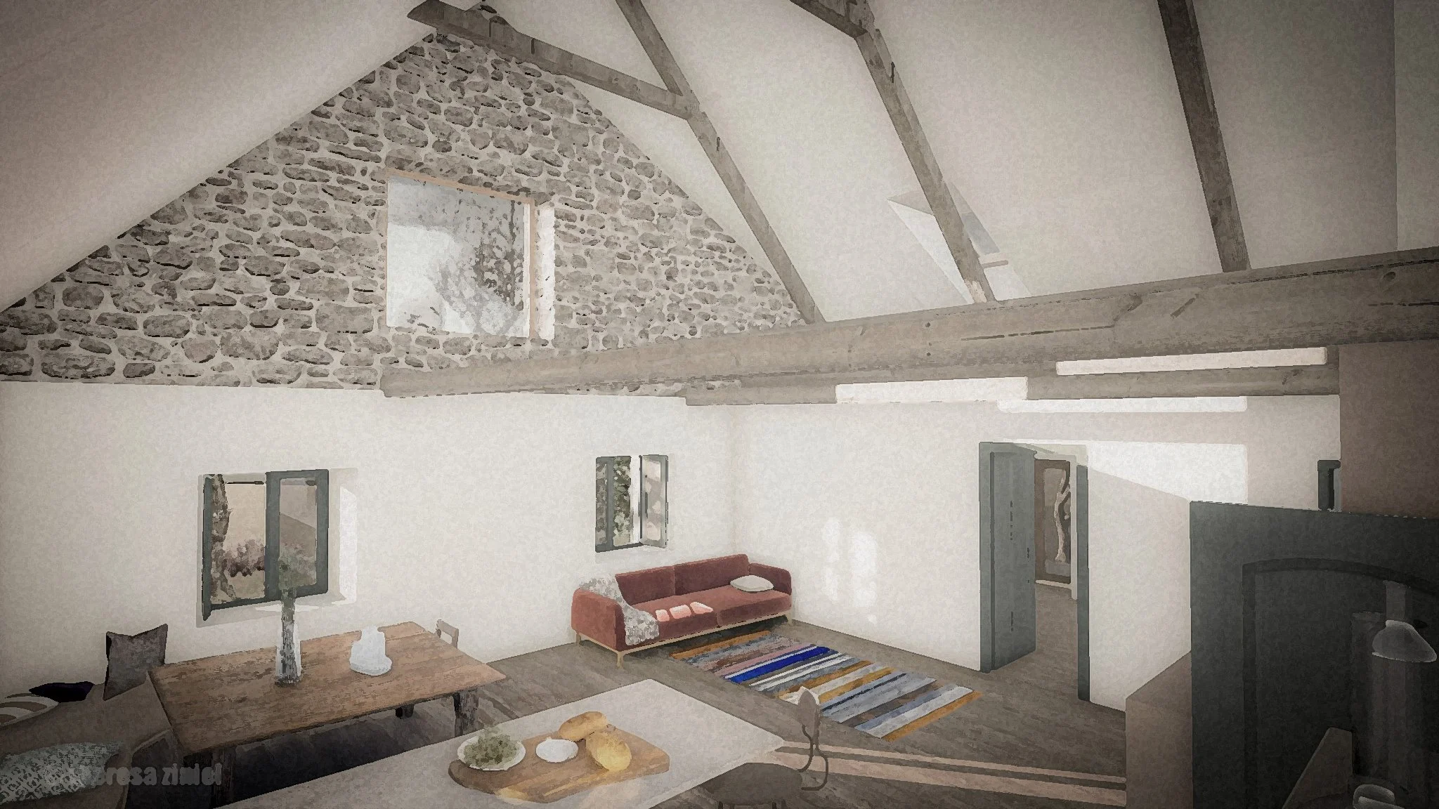 Innenansicht eines Wohnzimmers mit Holzbalken an der Decke, weißen Wänden, einem roten Sofa, einem Teppich, einem Esstisch mit Mahlzeit und Kerzen sowie mehreren kleinen Fenstern in der Dachschräge.