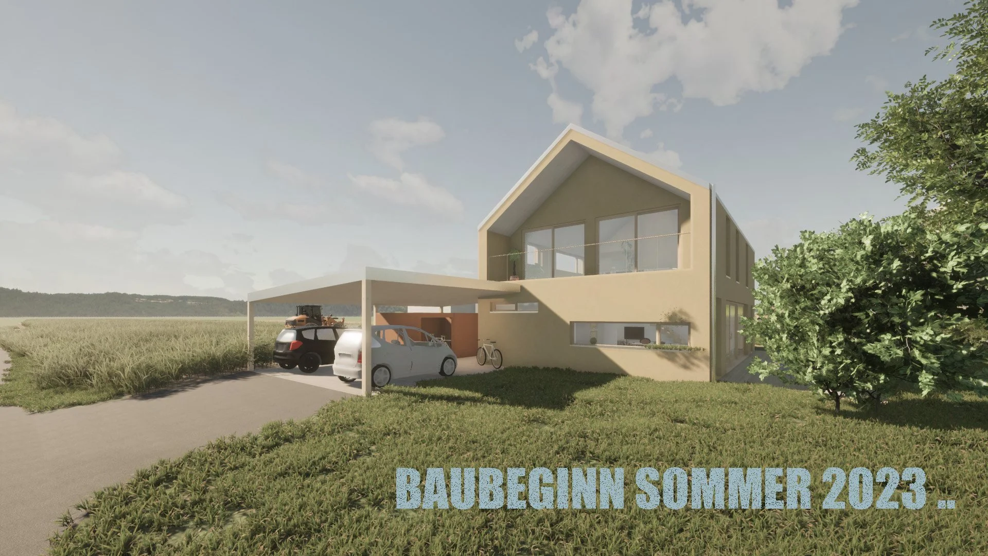 Rendering: Entwurf eines modernen Hauses mit Carport, Fahrrad und Blick auf ein Feld. Am unteren Rand steht in blauer Schrift: "BAUBEGINN SOMMER 2023".