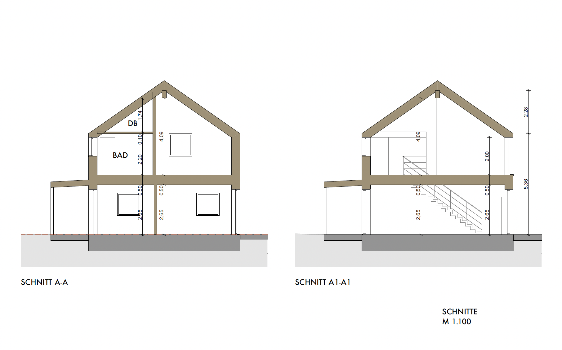 Architektonische Schnitte eines Hauses, Schnitt A-A links und Schnitt A1-A1 rechts, mit Raumhöhen, Dachneigung und Grundrissdetails in Skizze.