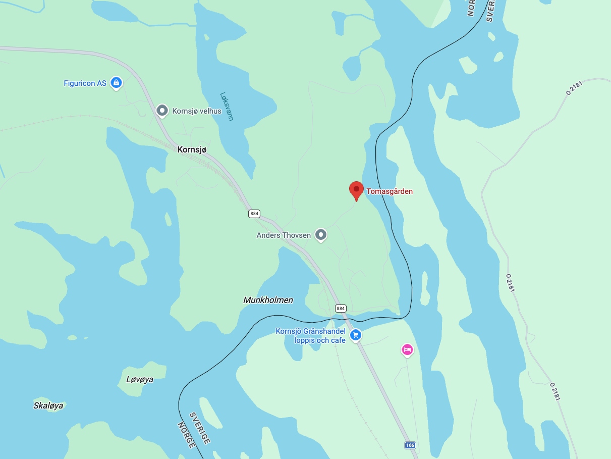 Kart over området rundt Kornsjö med merker for Tomasgården, Kornsjö, og ulike steder og vann i området.