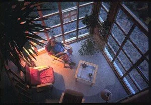 Innendørsrom med store vinduer, en sofa, et lavbord, planter og forskjønning, sett fra oven