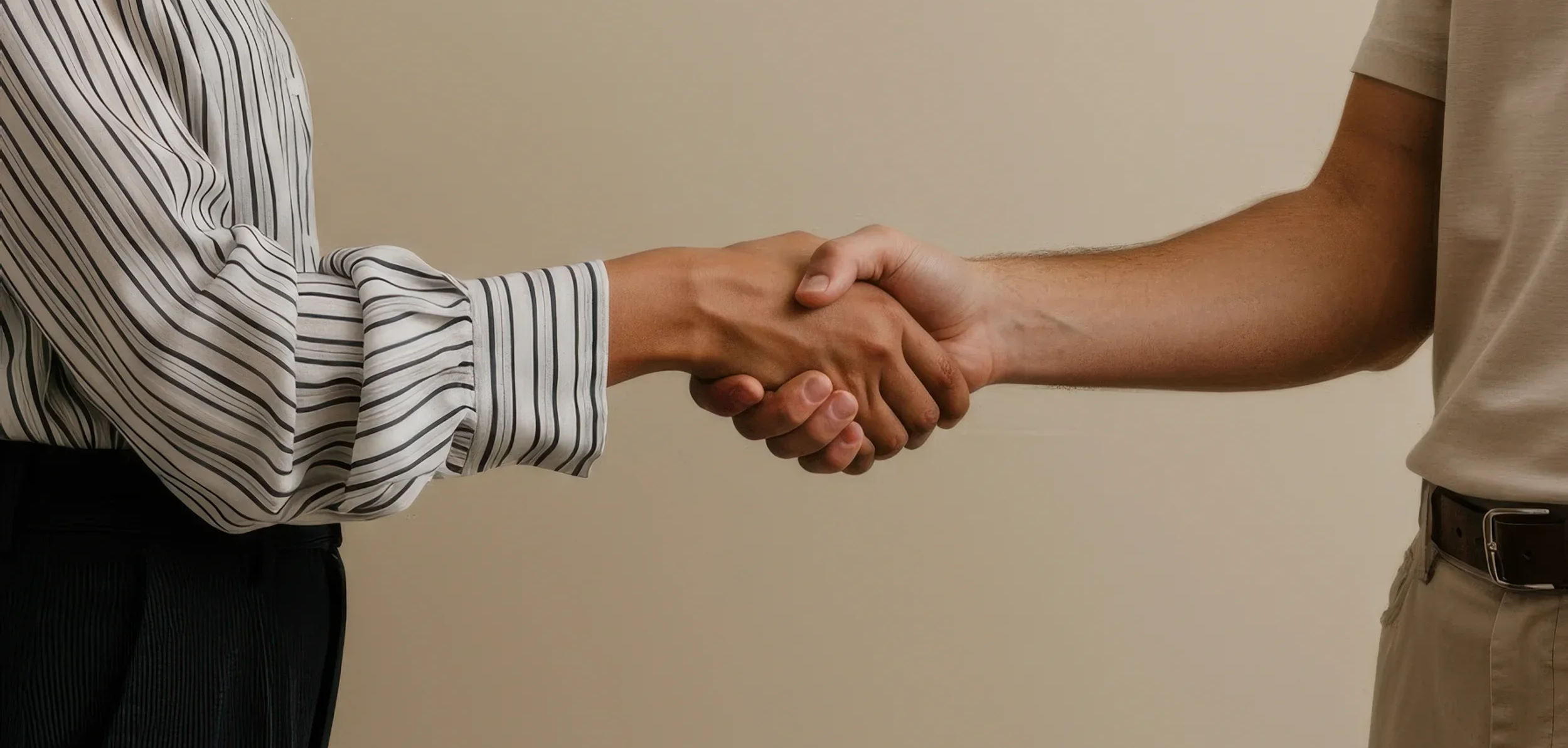 Handschlag zwischen zwei Personen, eine trägt eine gestreifte Bluse, die andere ein beige T-Shirt.