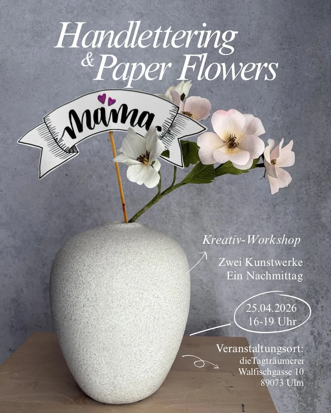 🌸✍️ Kreativ-Workshop: Handlettering &amp; Paper Flowers

Du suchst noch das perfekte Geschenk f&uuml;r den Muttertag? Wie w&auml;re es mit einem, das du selbst gemacht hast?

Markus von @letterbube und ich haben uns etwas &uuml;berlegt: Am 25. April