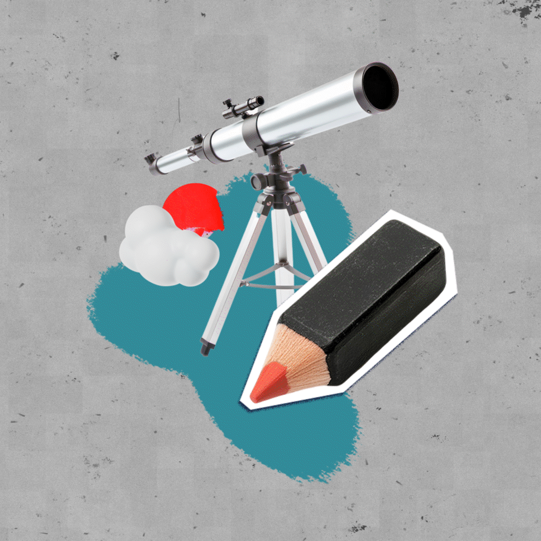 A telescope on a tripod, a large eraser-shaped pencil, and stylized clouds and sun drawn on a concrete surface.