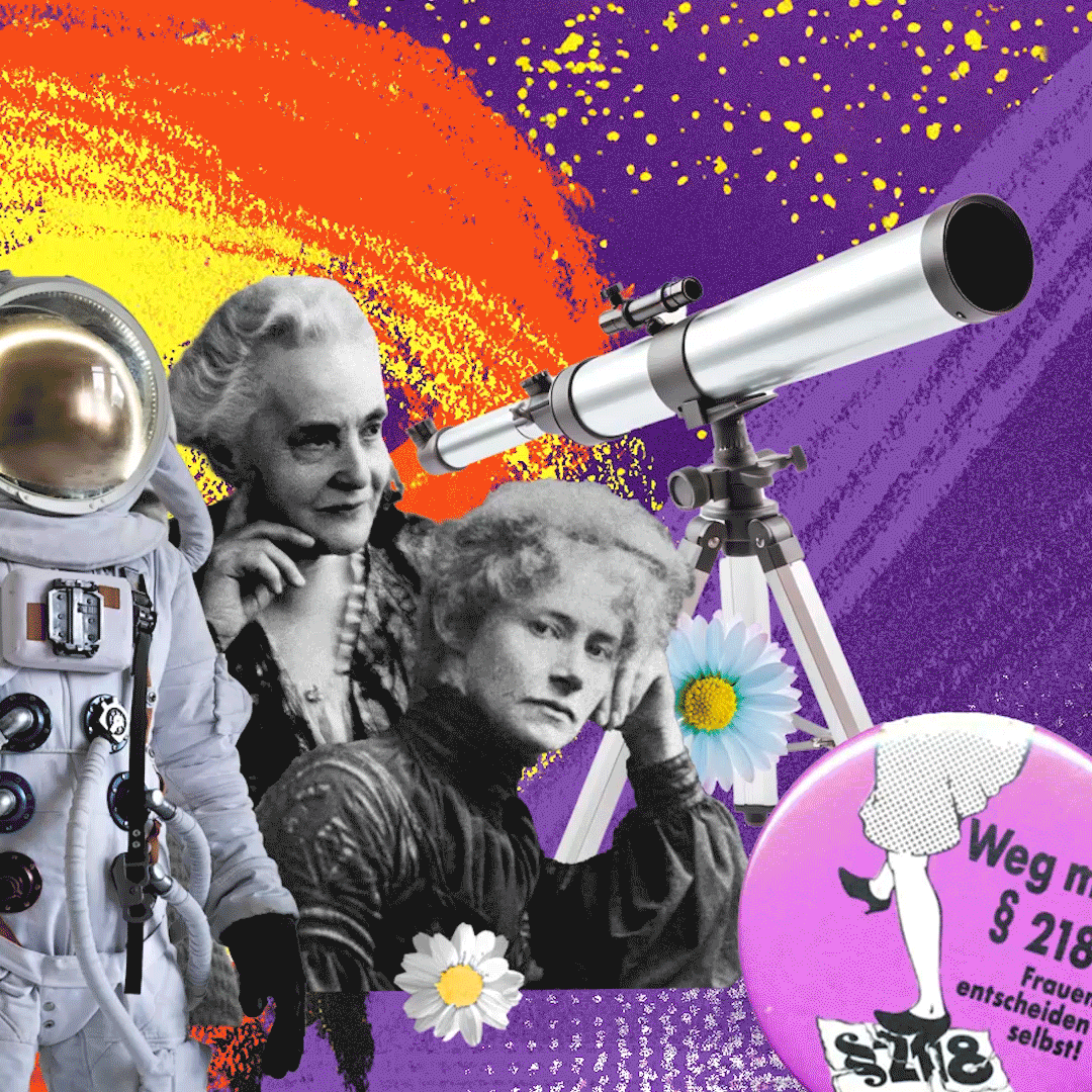 A collage with a colorful purple, orange, and yellow background featuring a vintage astronaut, a woman with white hair, a young woman with curly hair, a telescope, daisies, and a pink circular sign with German text about women's rights.