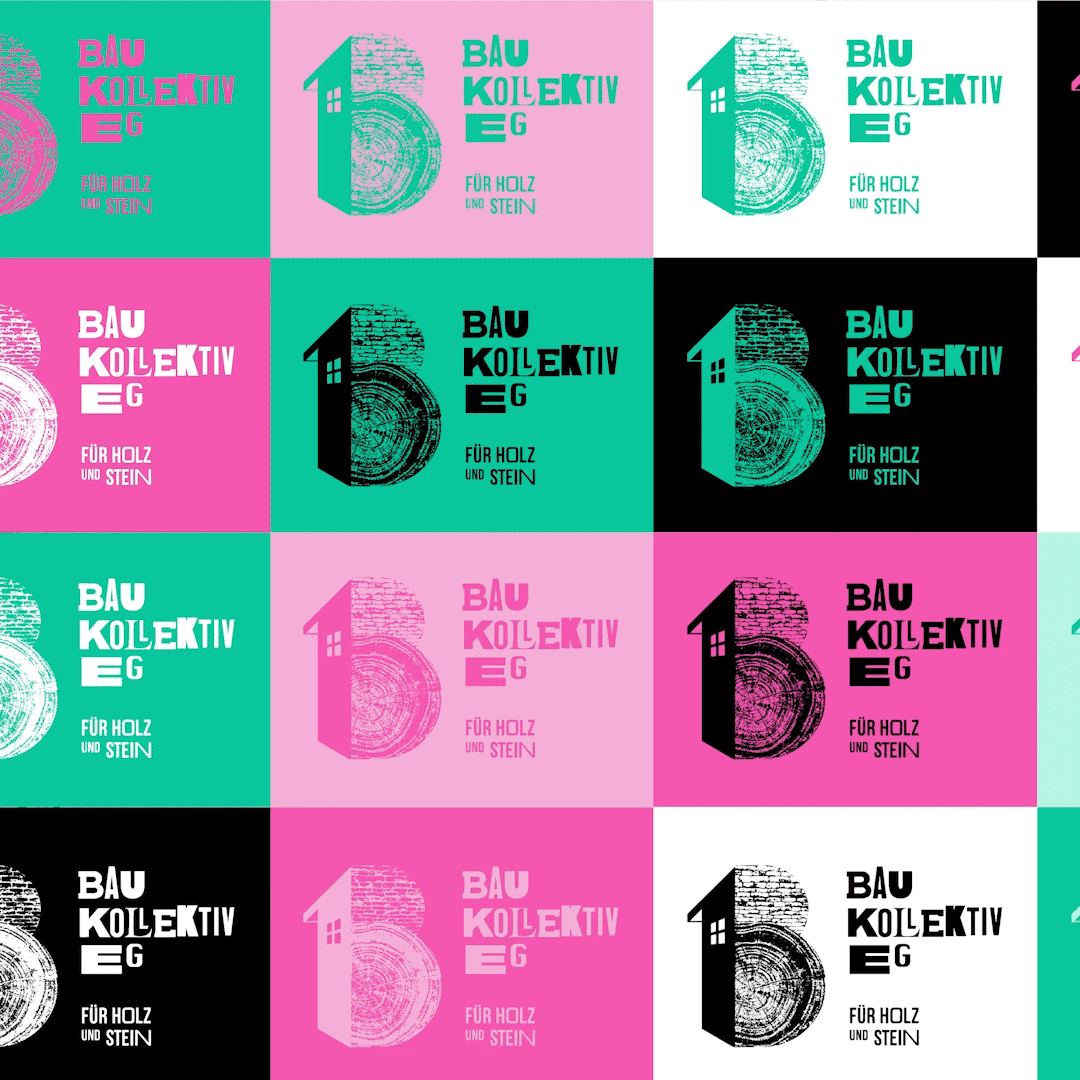 A colorful grid of 12 squares, each featuring the Baukollektiv EG logo with different color schemes and backgrounds, including pink, teal, white, and black, with the text 'Für Holz und Stein'.