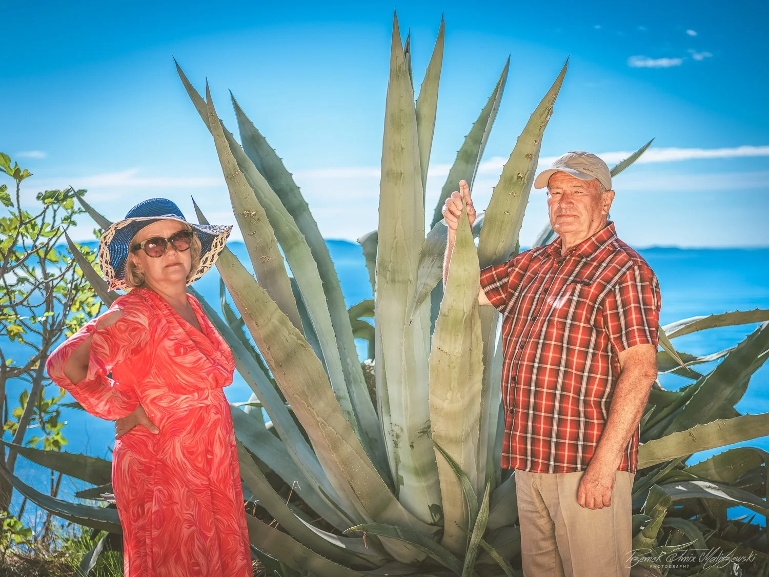 An elderly man and woman standing in front of a large agave plant with the ocean in the background. The woman is wearing a red dress, large sunglasses, and a wide-brimmed hat, while the man is wearing a plaid shirt and a light-colored cap.