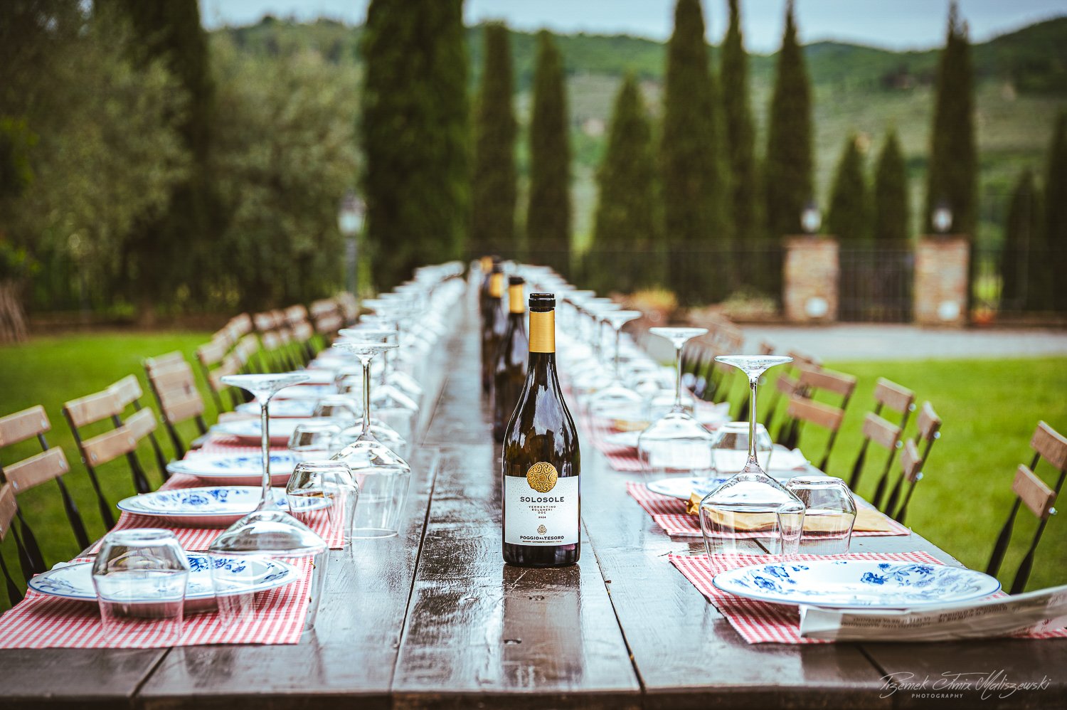 A long outdoor table set for a meal with wine bottles, glasses, plates, and utensils in a garden setting.