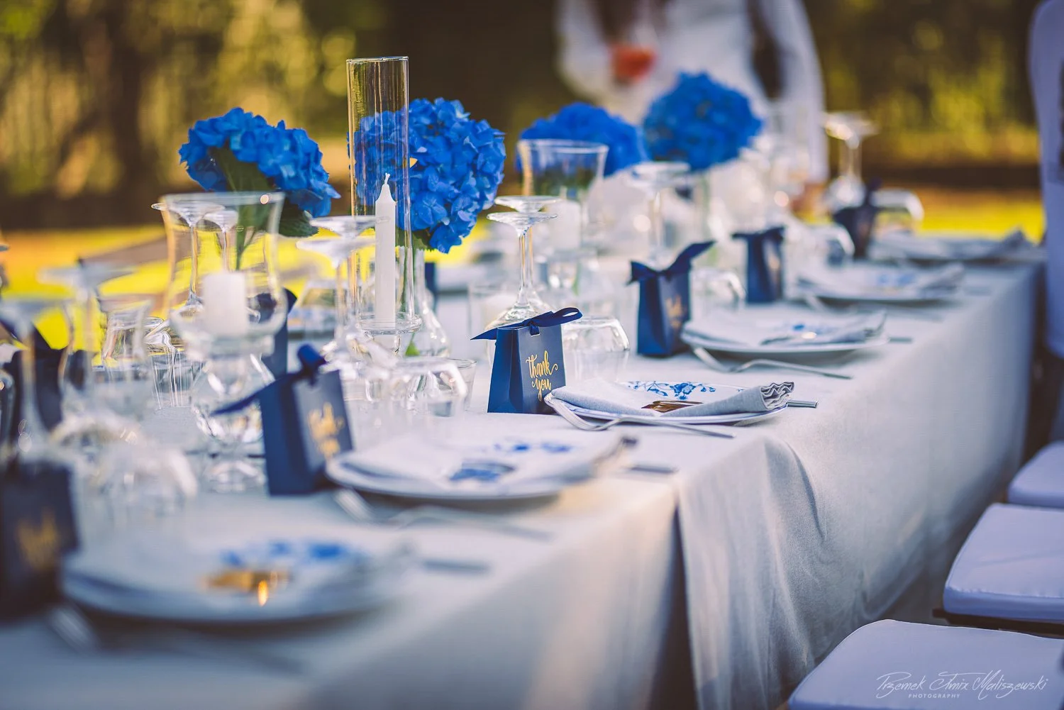 Elegant outdoor banquet table decorated with blue flowers, glassware, and small thank you cards, with chairs set for a formal event.
